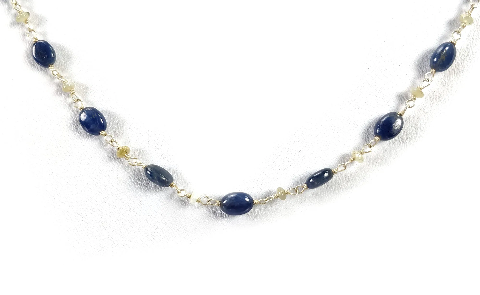 BLUE SAPPHIRE Cat's Eye Gemstones Beads Chain NECKLACE : 925 Sterling Silver Natural Sapphire Cabochon 16" Statement Necklace Gift