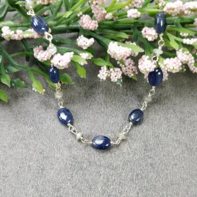 BLUE SAPPHIRE Cat's Eye Gemstones Beads Chain NECKLACE : 925 Sterling Silver Natural Sapphire Cabochon 16" Statement Necklace Gift