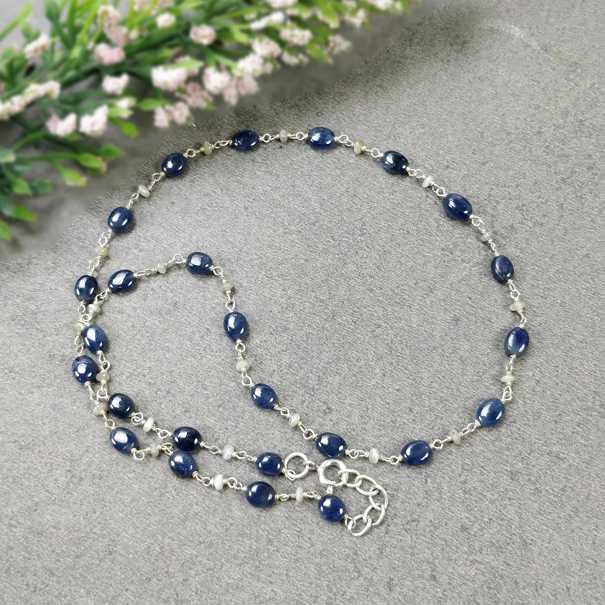 BLUE SAPPHIRE Cat's Eye Gemstones Beads Chain NECKLACE : 925 Sterling Silver Natural Sapphire Cabochon 16" Statement Necklace Gift