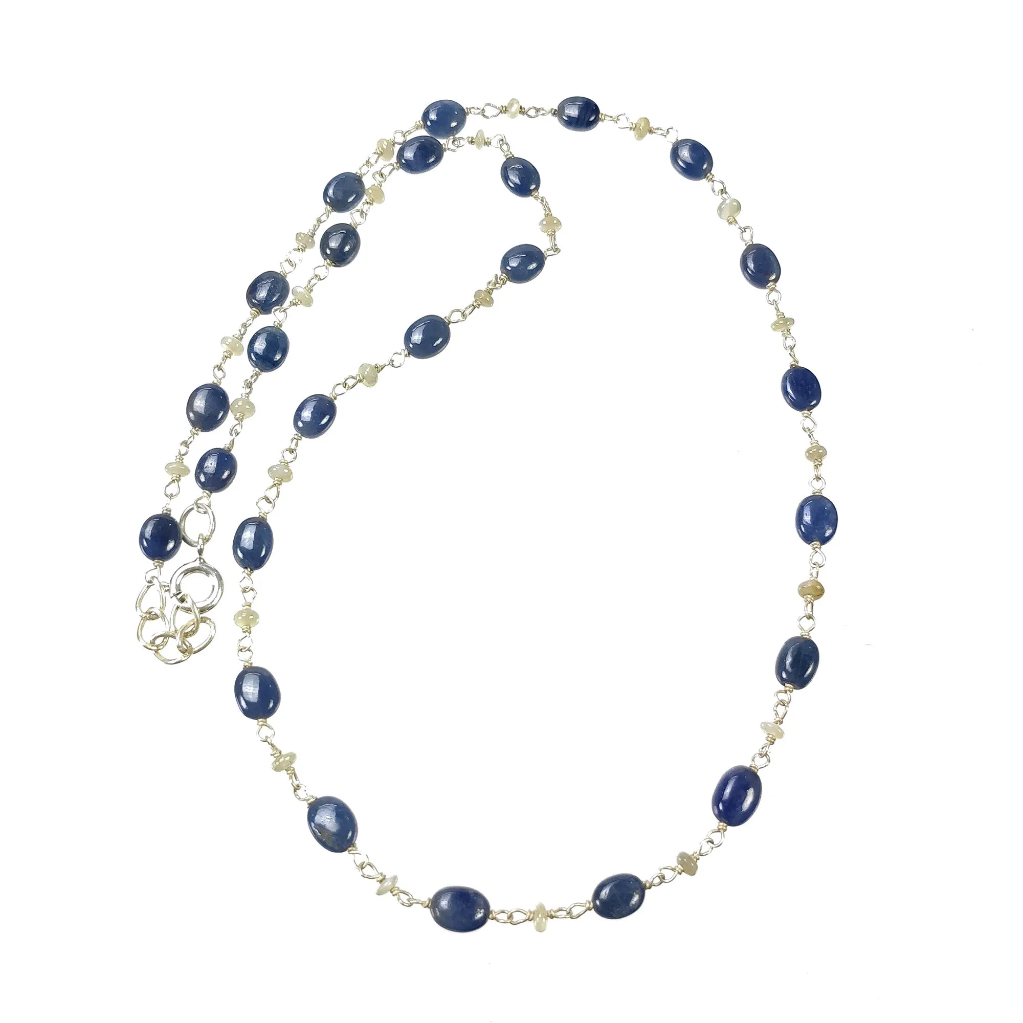 BLUE SAPPHIRE Cat's Eye Gemstones Beads Chain NECKLACE : 925 Sterling Silver Natural Sapphire Cabochon 16" Statement Necklace Gift