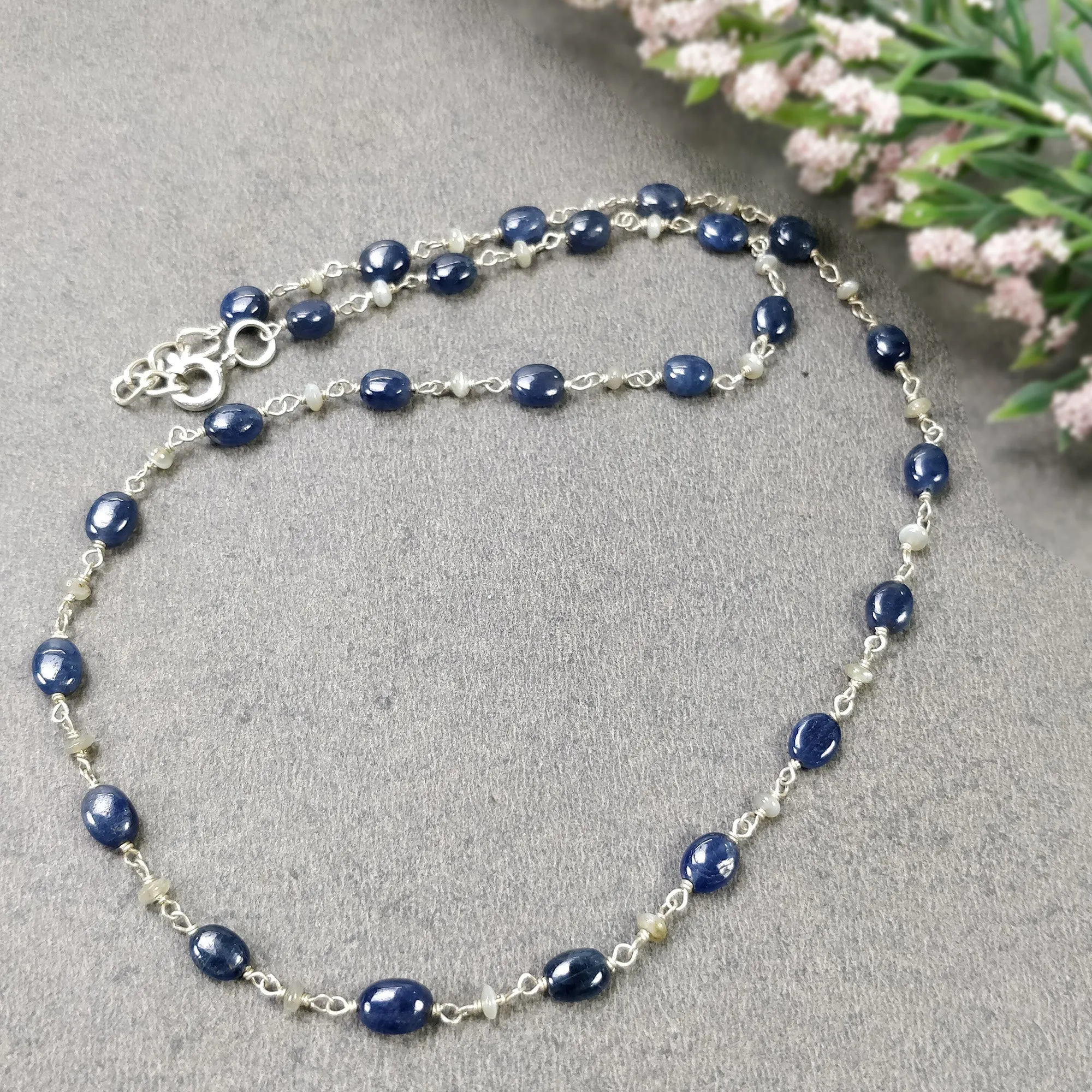 BLUE SAPPHIRE Cat's Eye Gemstones Beads Chain NECKLACE : 925 Sterling Silver Natural Sapphire Cabochon 16" Statement Necklace Gift