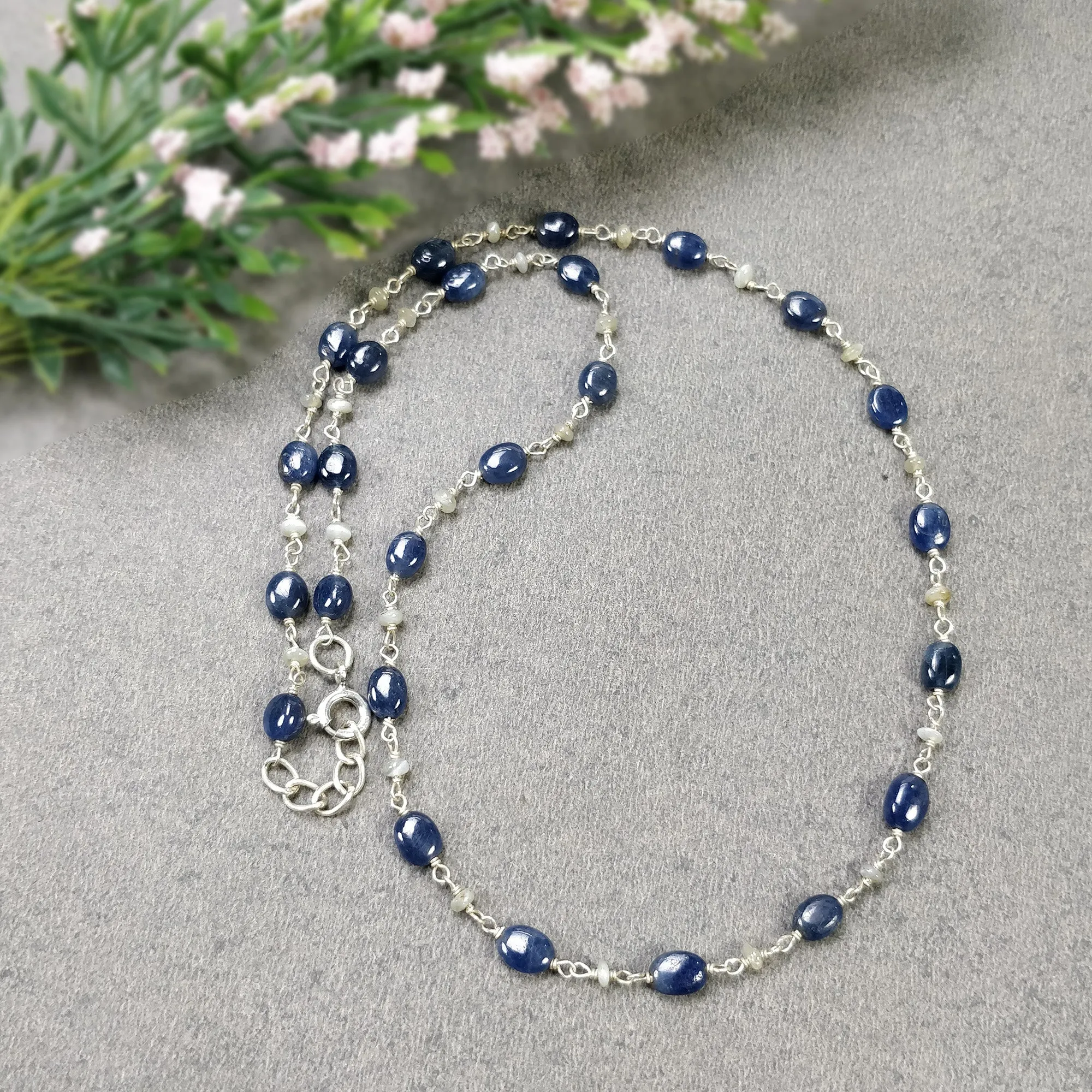 BLUE SAPPHIRE Cat's Eye Gemstones Beads Chain NECKLACE : 925 Sterling Silver Natural Sapphire Cabochon 16" Statement Necklace Gift