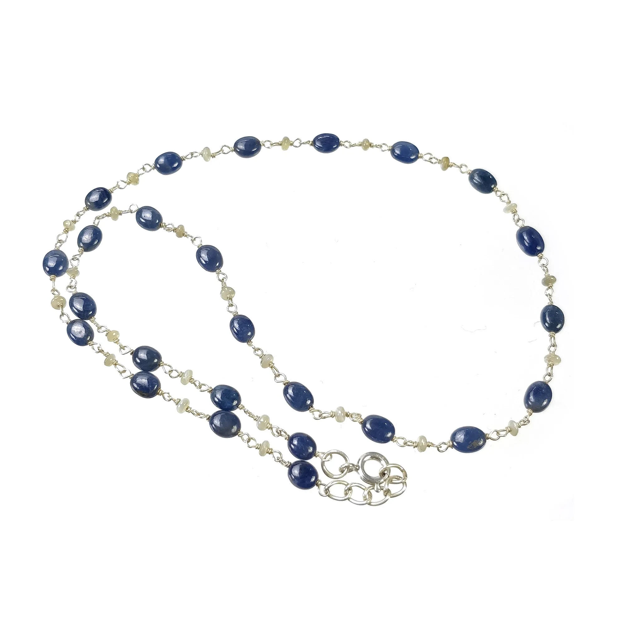 BLUE SAPPHIRE Cat's Eye Gemstones Beads Chain NECKLACE : 925 Sterling Silver Natural Sapphire Cabochon 16" Statement Necklace Gift