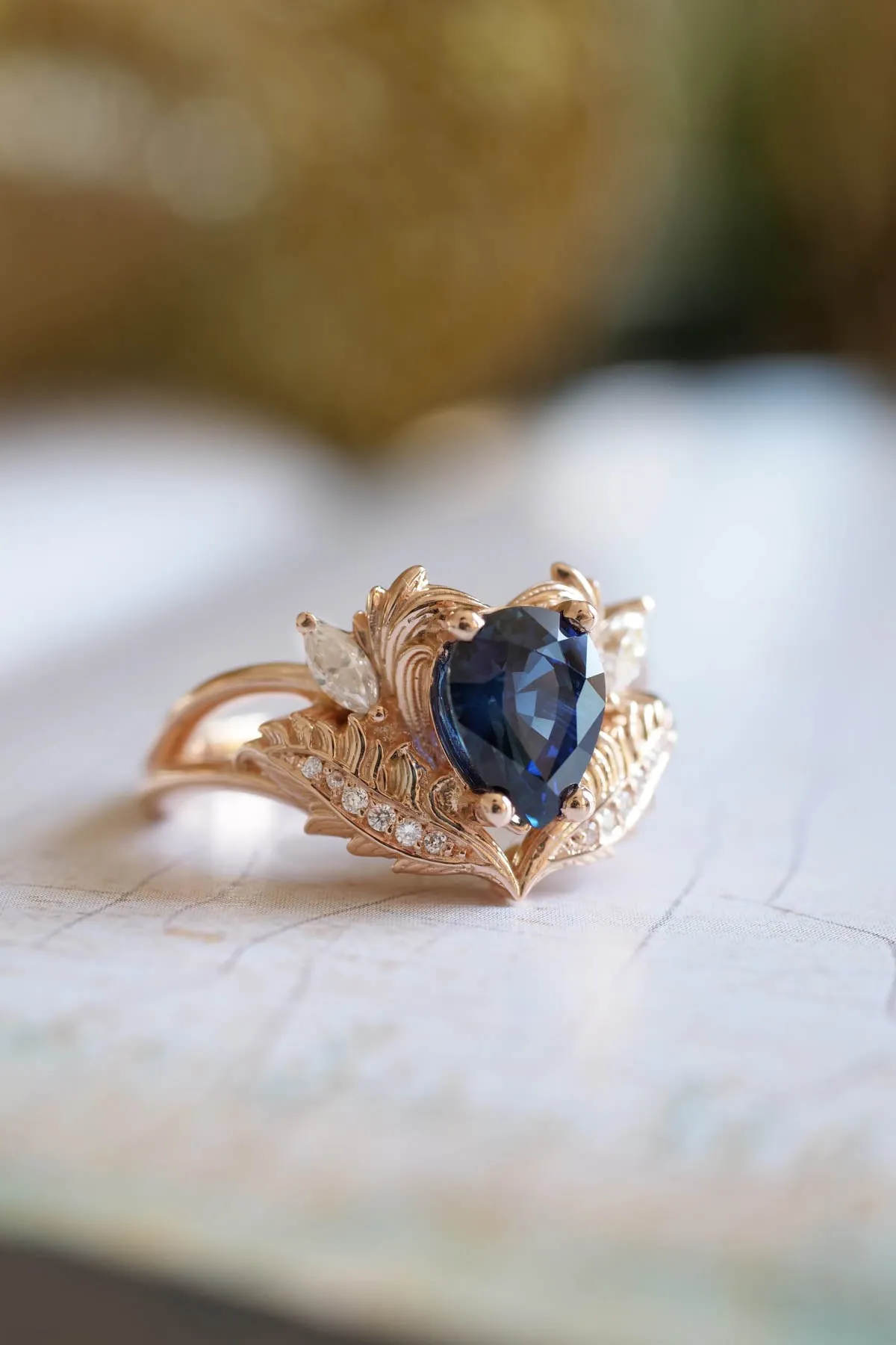 Blue sapphire engagement ring, nature inspired diamond ring / Adonis