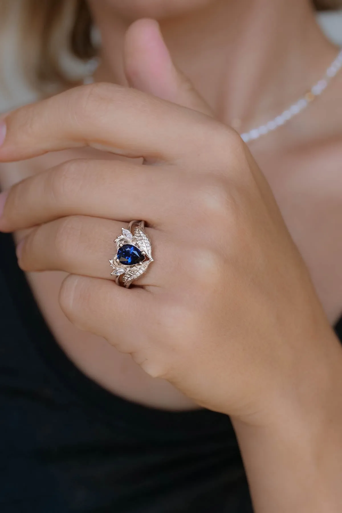 Blue sapphire engagement ring, nature inspired diamond ring / Adonis