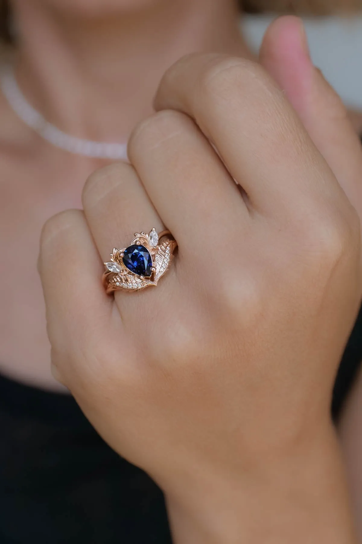 Blue sapphire engagement ring, nature inspired diamond ring / Adonis