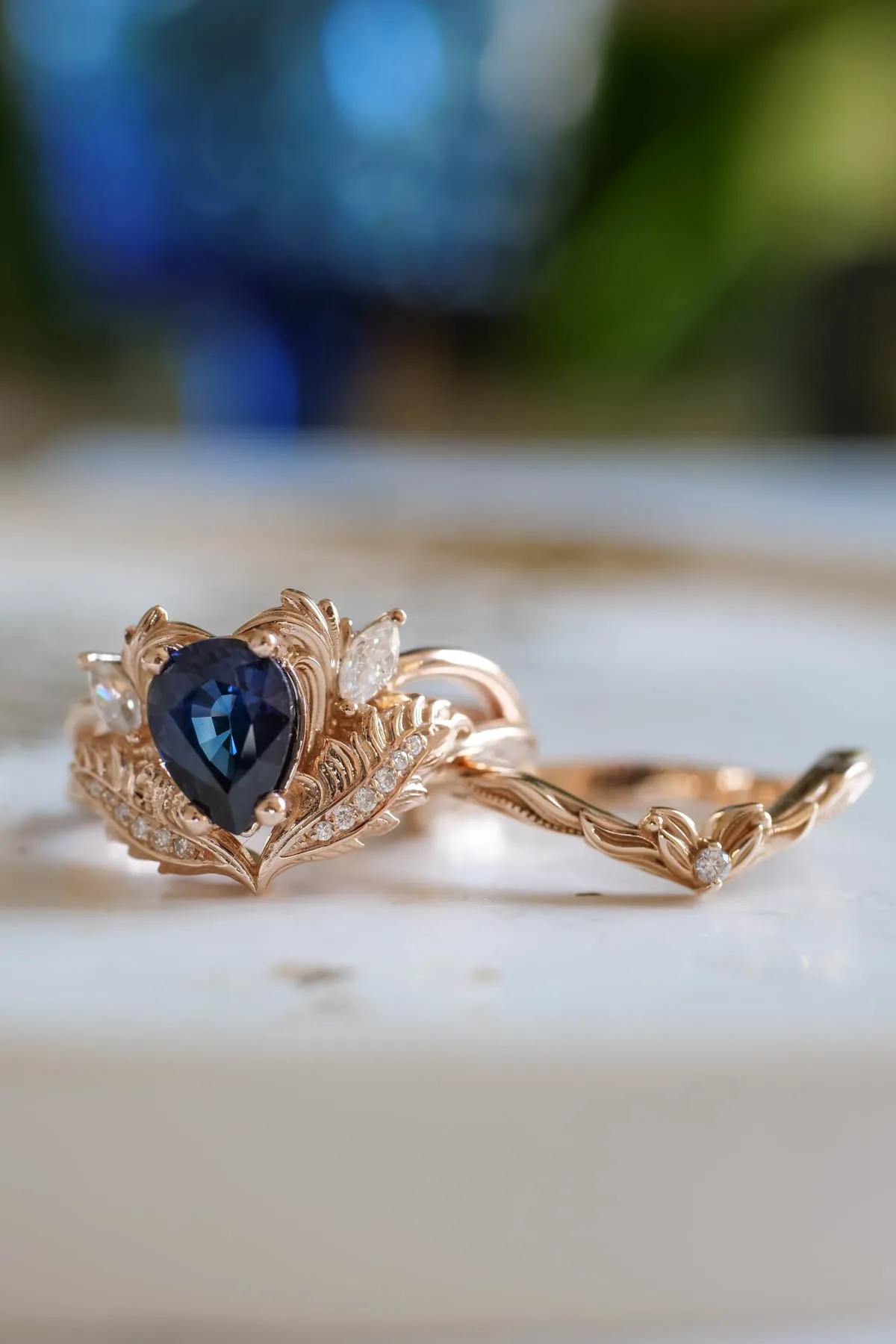 Blue sapphire engagement ring, nature inspired diamond ring / Adonis