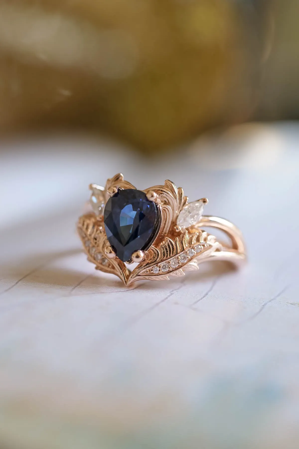 Blue sapphire engagement ring, nature inspired diamond ring / Adonis