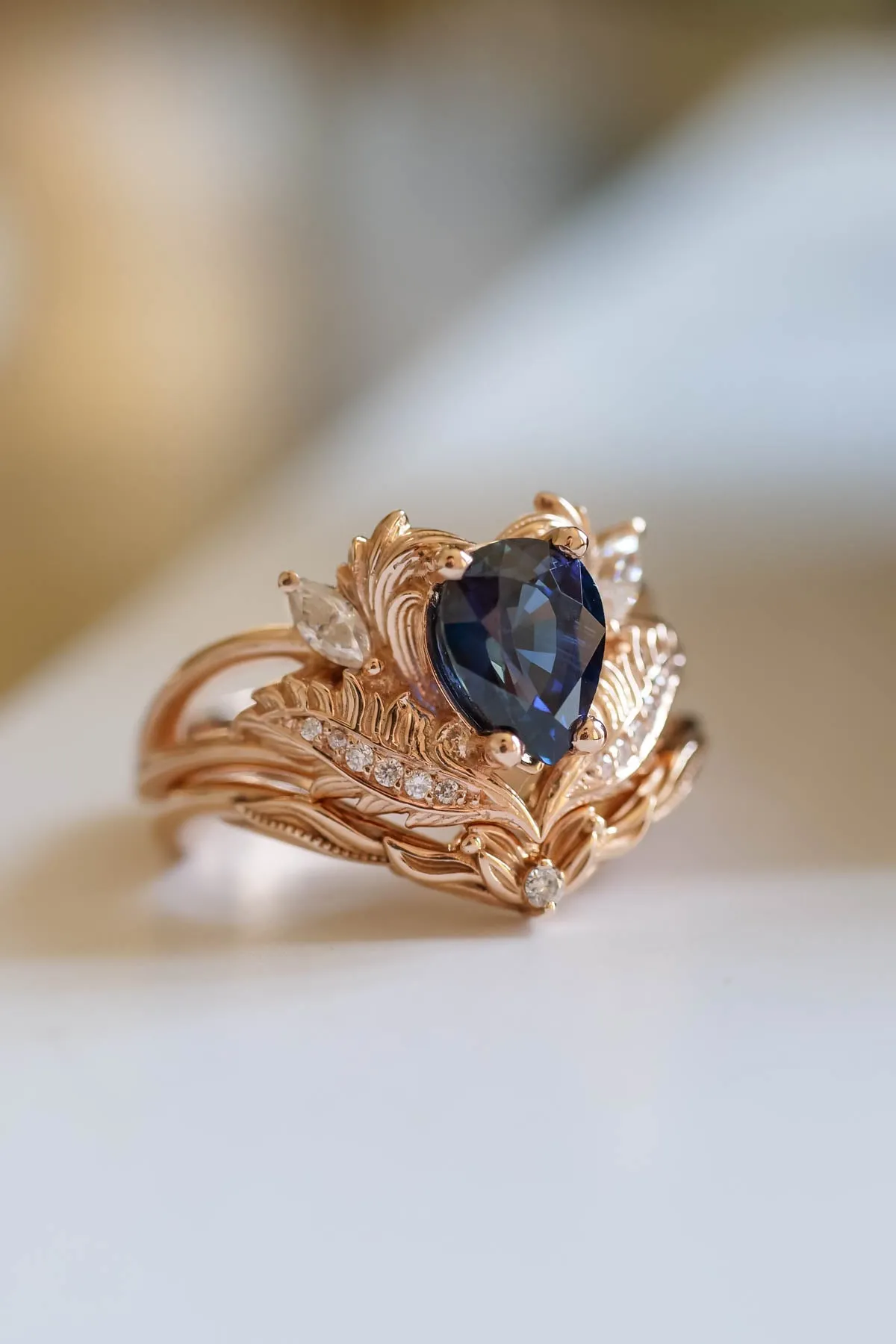 Blue sapphire engagement ring, nature inspired diamond ring / Adonis