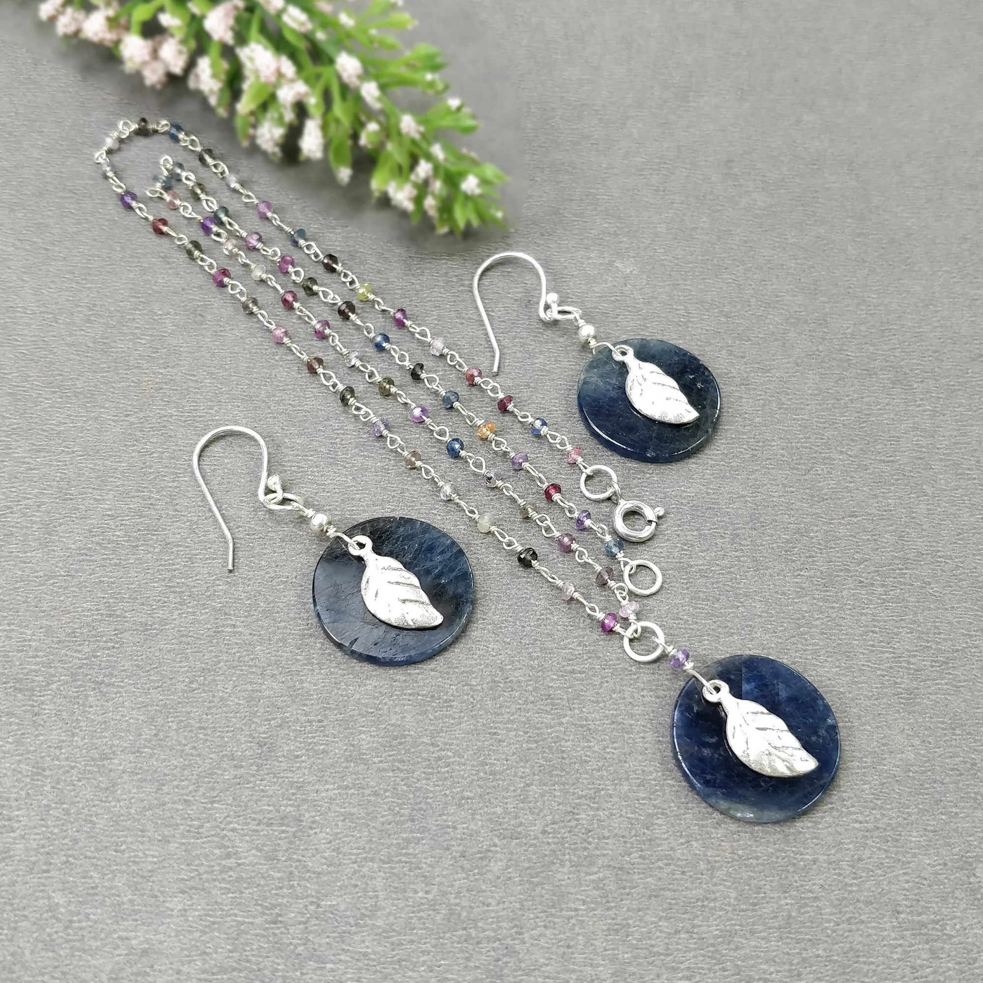 BLUE SAPPHIRE Gemstone Jewelry Set : 925 Sterling Silver Natural Untreated Sapphire 17" Beads Necklace Drop Dangle Earring Jewelry Set