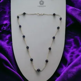 Blue Sapphire Gemstones Beads Chain NECKLACE : 13.82gms Natural Sapphire Cabochon 925 Sterling Silver Plain Beaded Necklace 19"