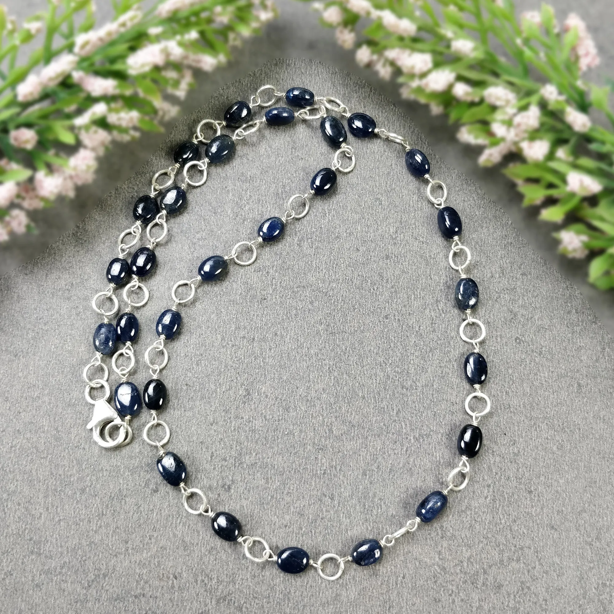 BLUE SAPPHIRE Gemstones Beads Chain NECKLACE : 925 Sterling Silver Natural Sapphire Cabochon 17" Statement Necklace Gift For Her