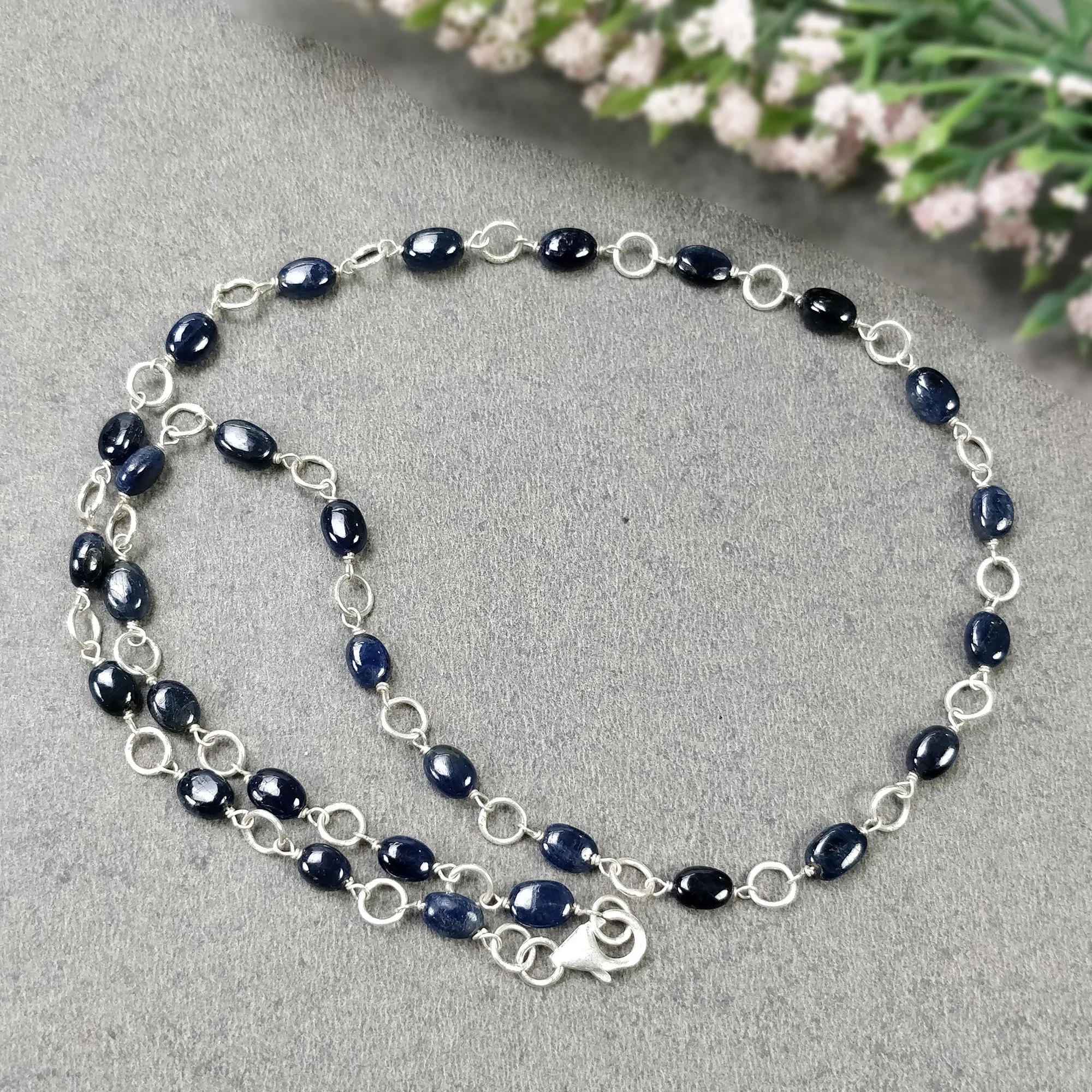 BLUE SAPPHIRE Gemstones Beads Chain NECKLACE : 925 Sterling Silver Natural Sapphire Cabochon 17" Statement Necklace Gift For Her