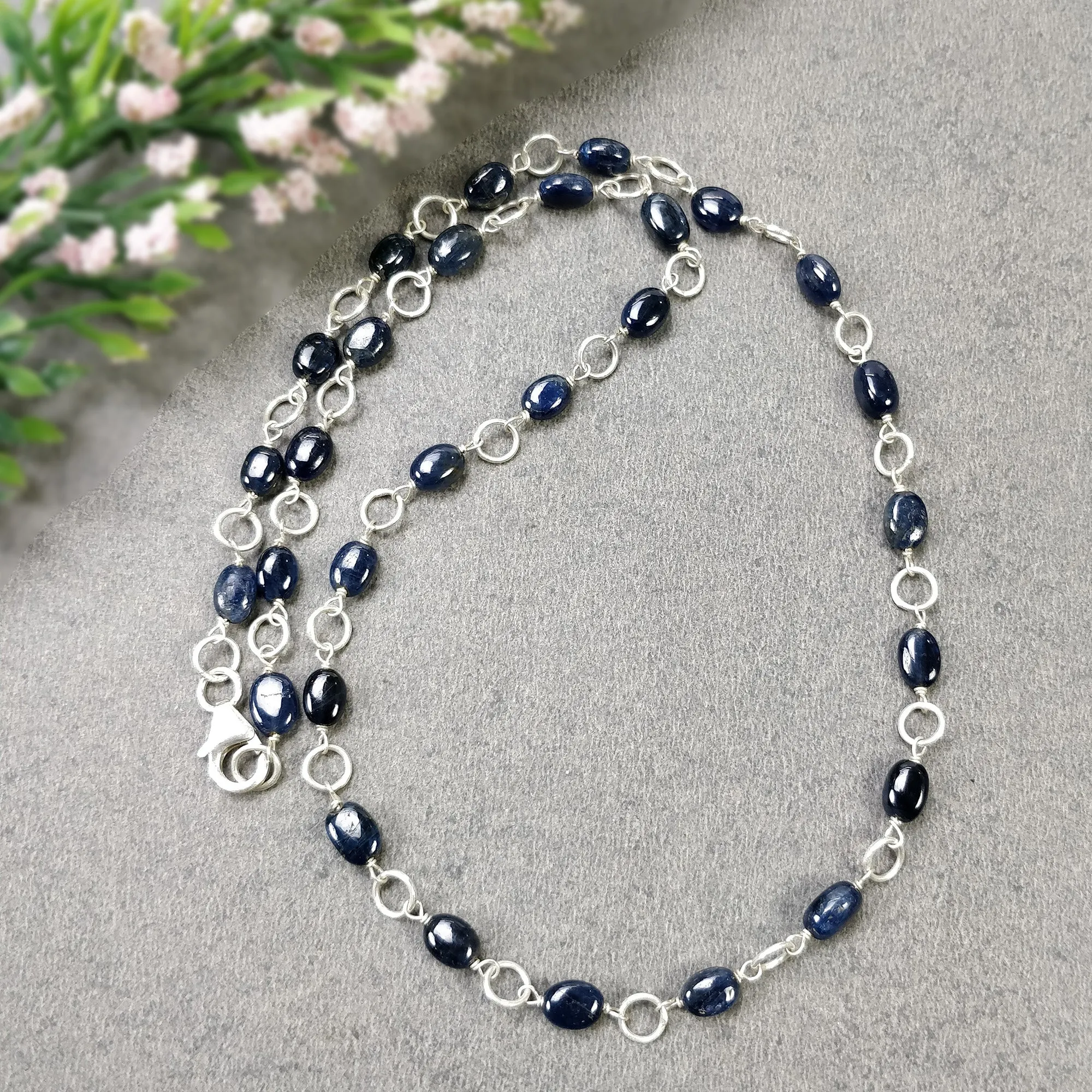 BLUE SAPPHIRE Gemstones Beads Chain NECKLACE : 925 Sterling Silver Natural Sapphire Cabochon 17" Statement Necklace Gift For Her