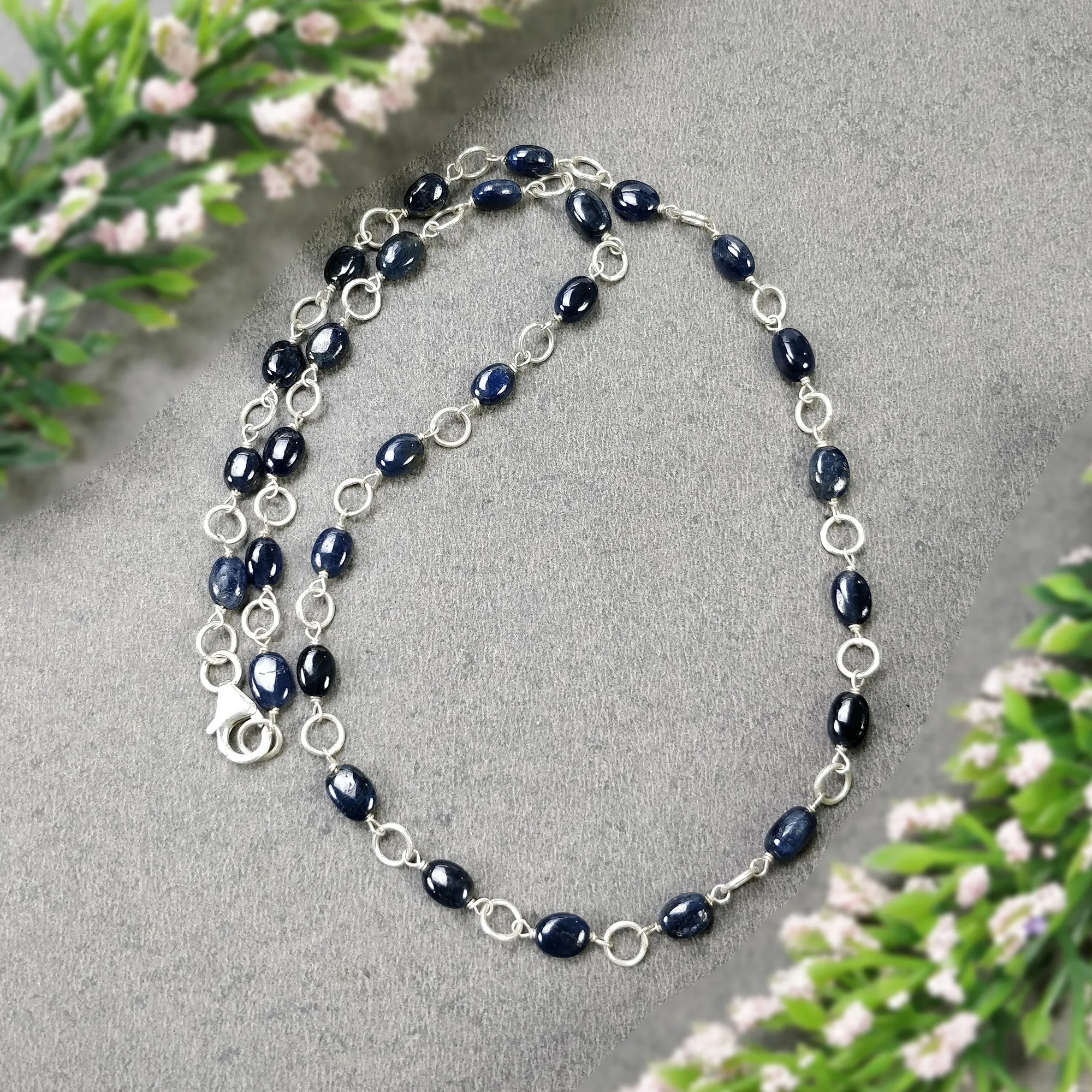 BLUE SAPPHIRE Gemstones Beads Chain NECKLACE : 925 Sterling Silver Natural Sapphire Cabochon 17" Statement Necklace Gift For Her