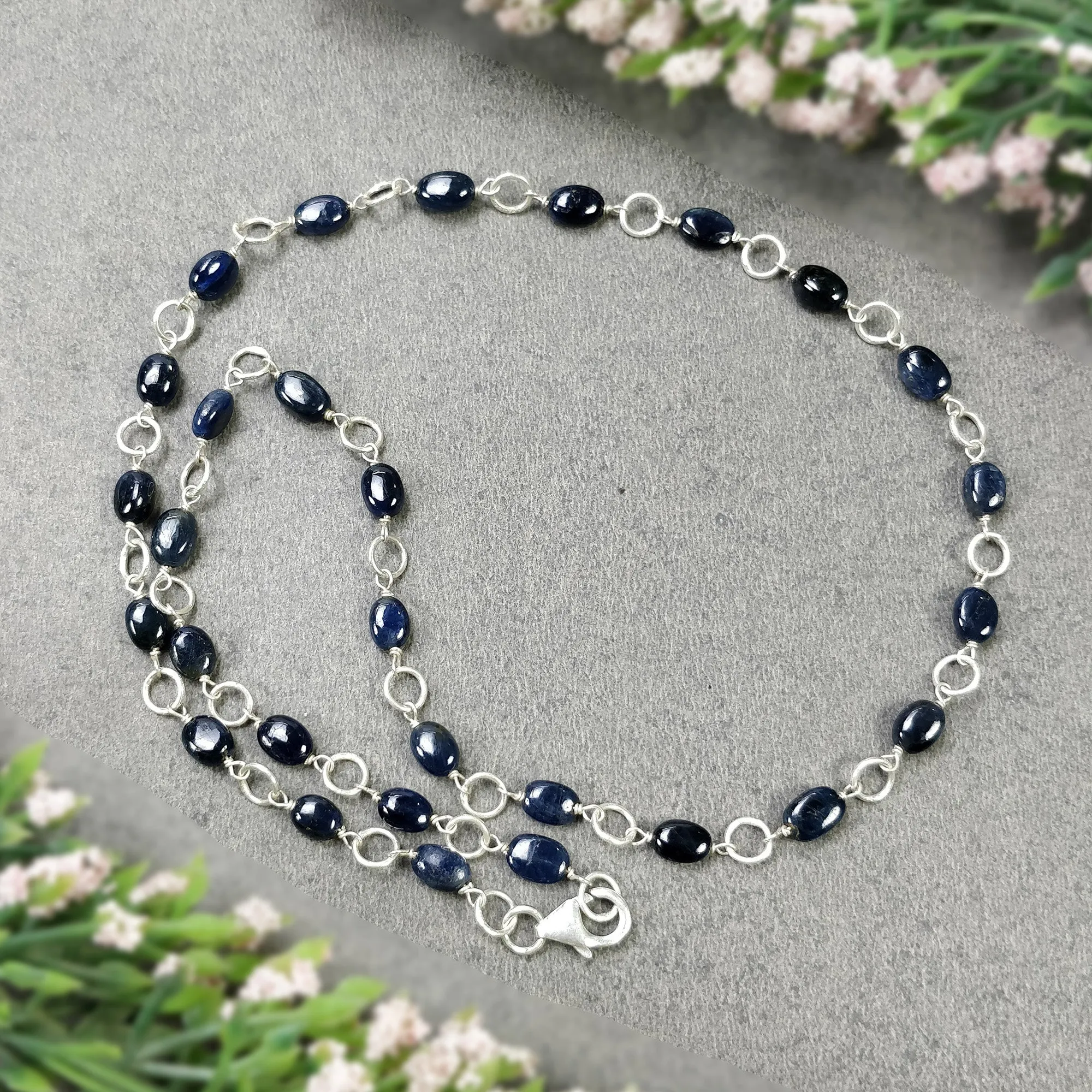 BLUE SAPPHIRE Gemstones Beads Chain NECKLACE : 925 Sterling Silver Natural Sapphire Cabochon 17" Statement Necklace Gift For Her