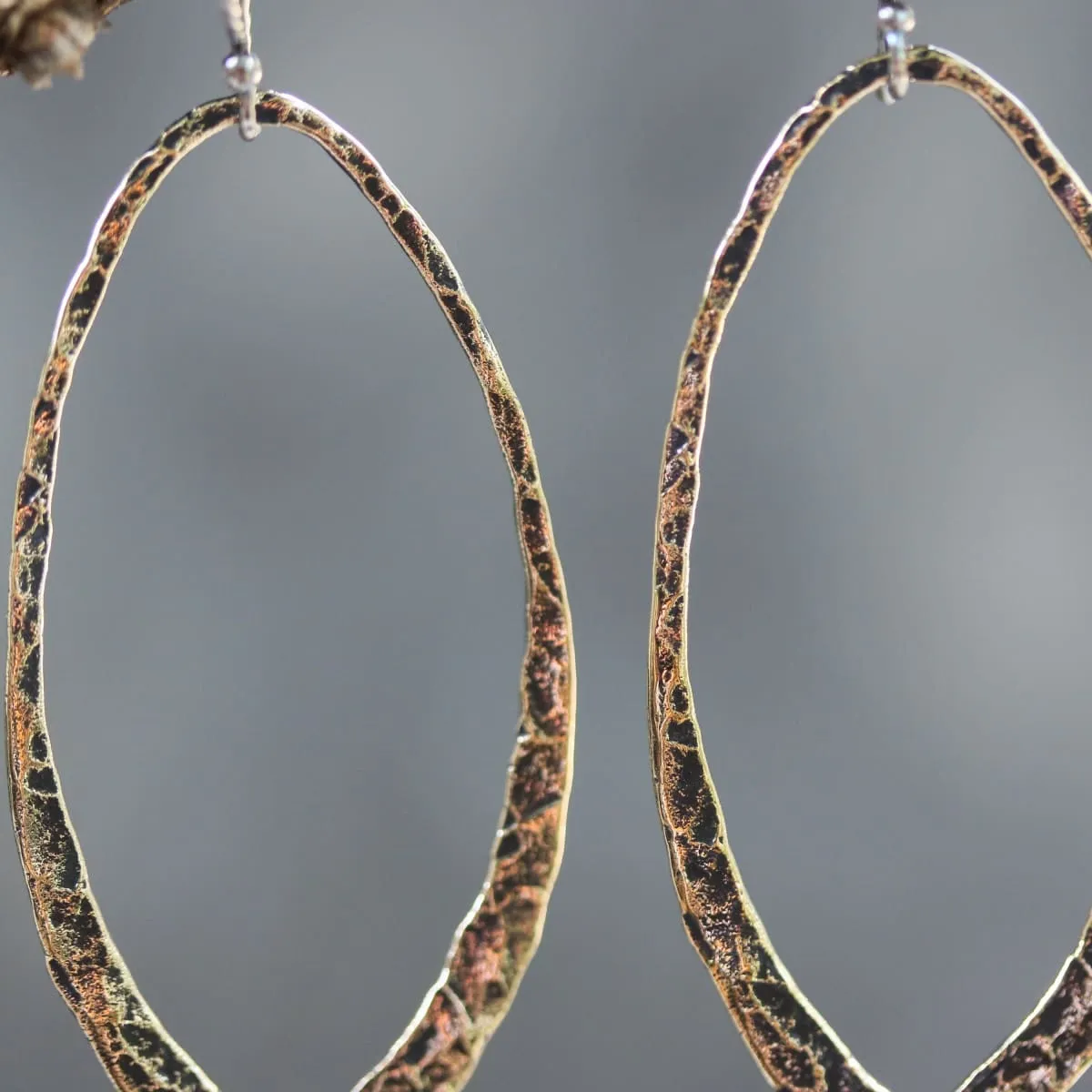 Brass oxidized hammer textured teardrop hoop earrings with sterling silver hooks