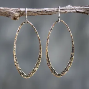 Brass oxidized hammer textured teardrop hoop earrings with sterling silver hooks