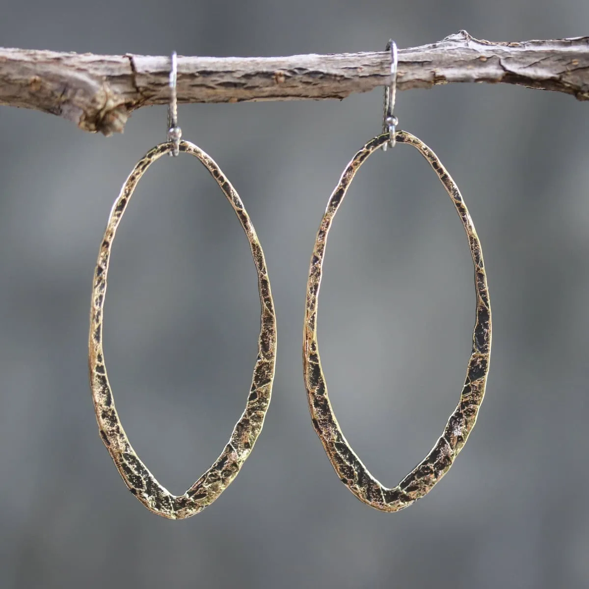 Brass oxidized hammer textured teardrop hoop earrings with sterling silver hooks