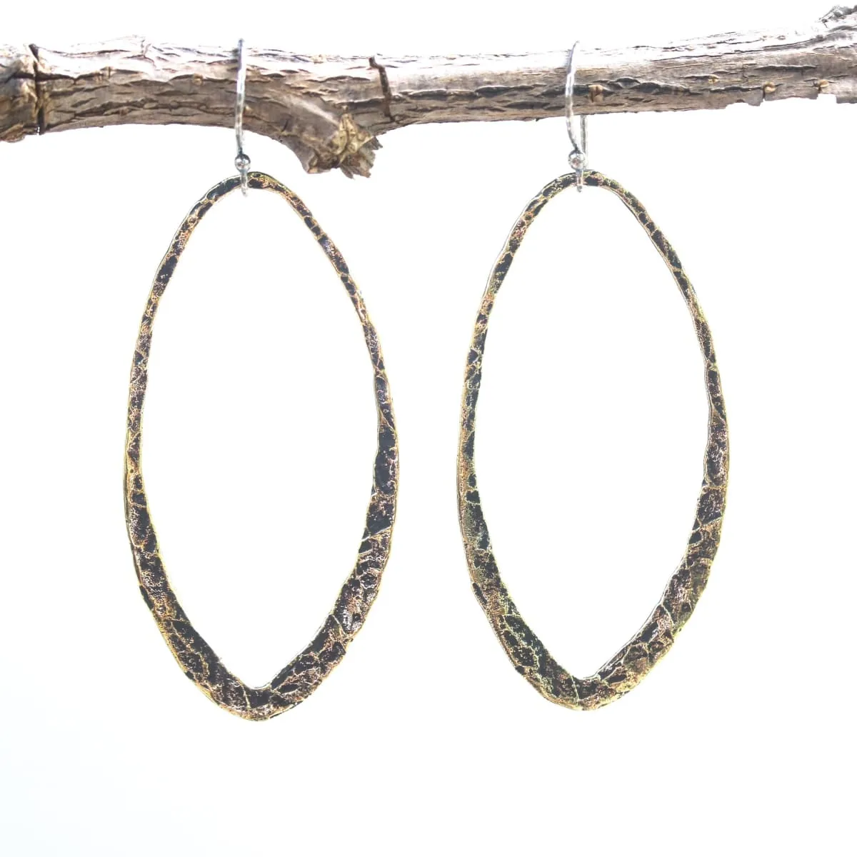 Brass oxidized hammer textured teardrop hoop earrings with sterling silver hooks