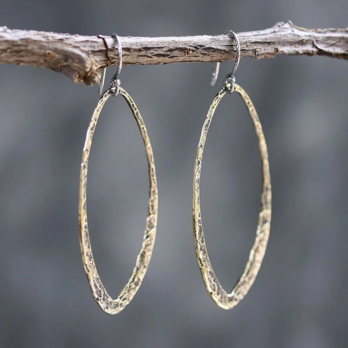 Brass oxidized hammer textured teardrop hoop earrings with sterling silver hooks