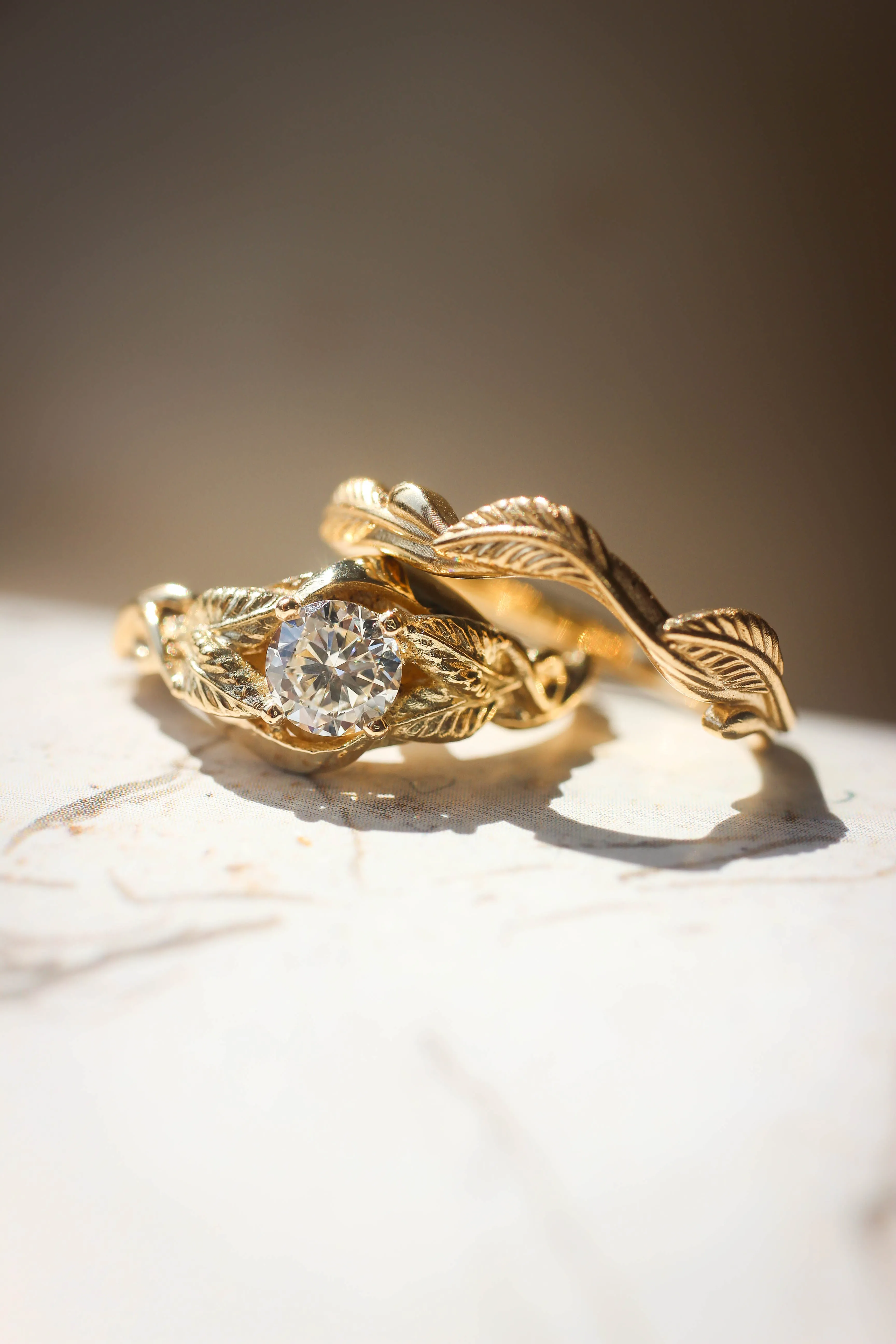 Bridal ring set, moissanite or diamond ring with twig band / Azalea