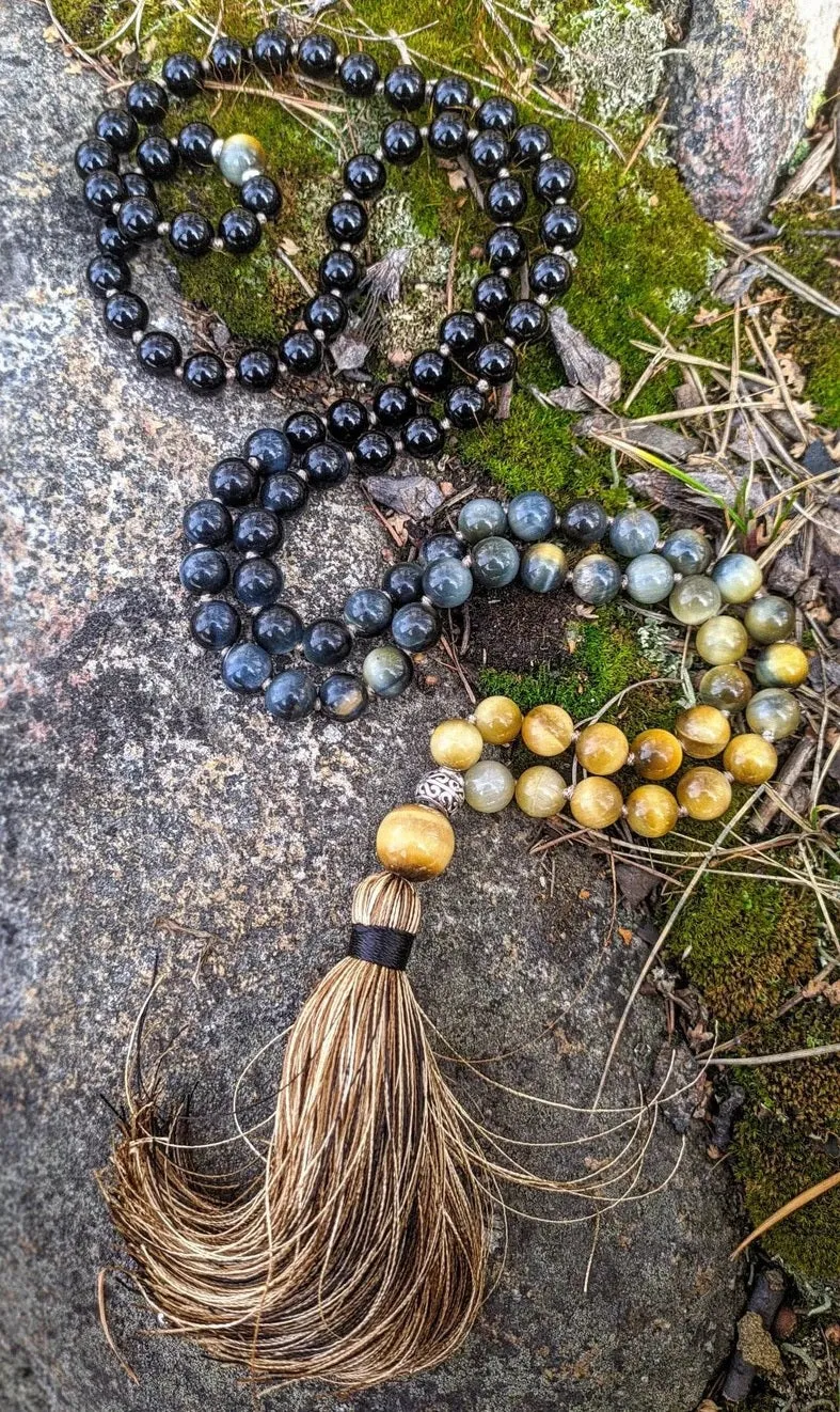 Cats Eye, Eagle Eye, Honey Mustard Tiger Eye, Onyx & Silver Beads in 108 Bead Prayer Necklace