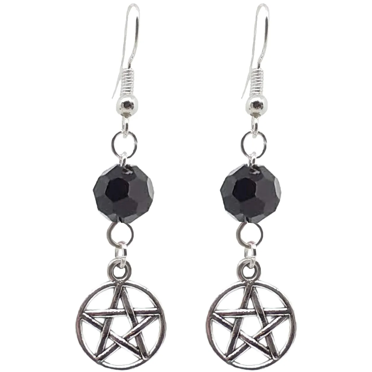 Celtic Gothic Halloween Pagan Wicca Wiccan Pentacle Charm Beaded with Silver Plated Metal Ear Hook Dangle Earrings