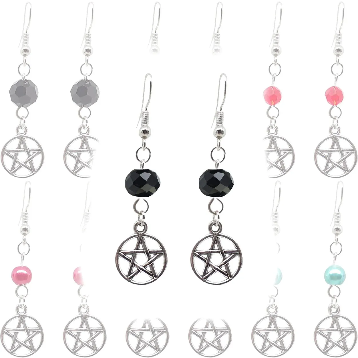 Celtic Gothic Halloween Pagan Wicca Wiccan Pentacle Charm Beaded with Silver Plated Metal Ear Hook Dangle Earrings