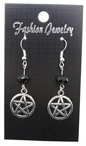 Celtic Gothic Halloween Pagan Wicca Wiccan Pentacle Charm Beaded with Silver Plated Metal Ear Hook Dangle Earrings