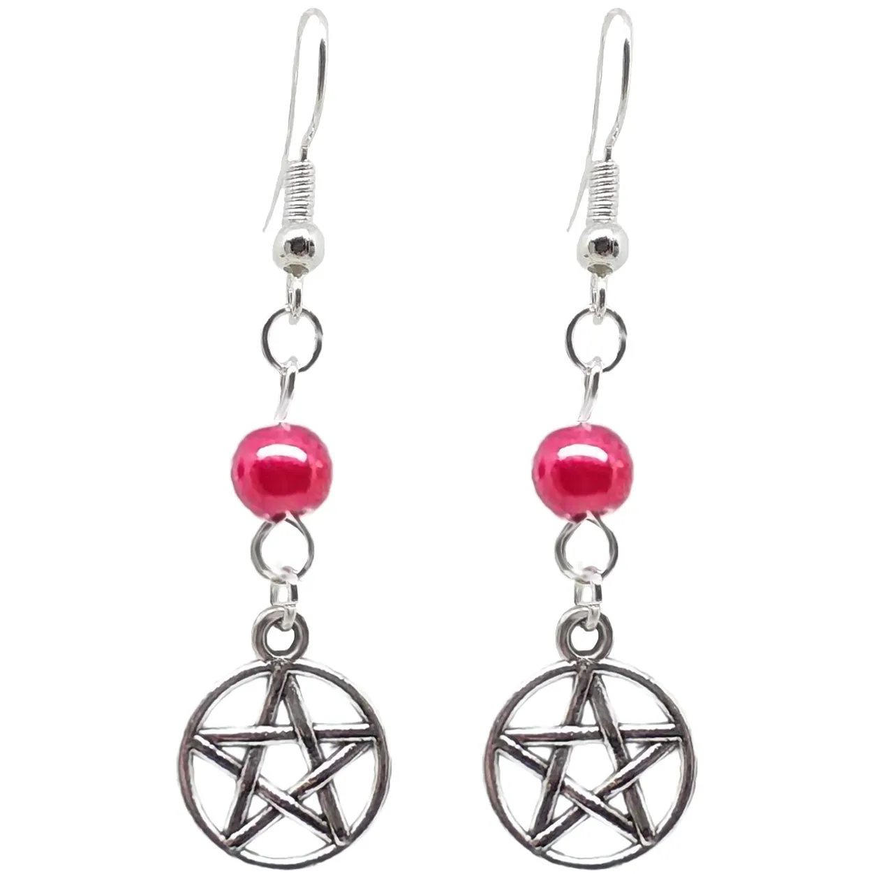 Celtic Gothic Halloween Pagan Wicca Wiccan Pentacle Charm Beaded with Silver Plated Metal Ear Hook Dangle Earrings