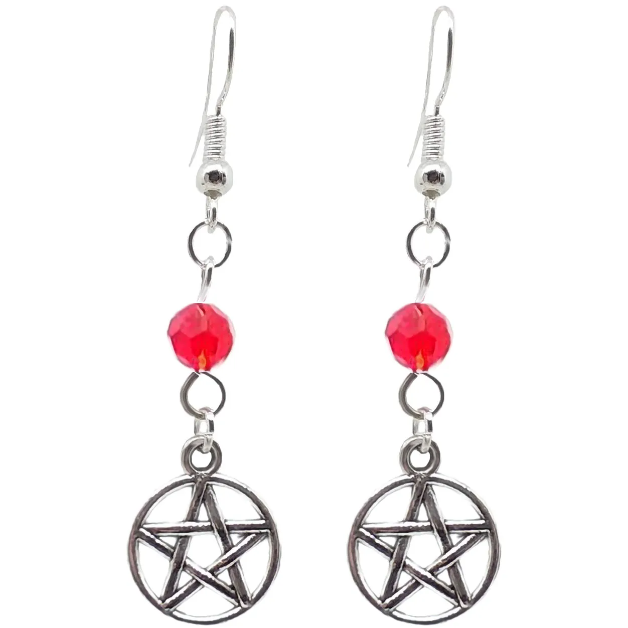 Celtic Gothic Halloween Pagan Wicca Wiccan Pentacle Charm Beaded with Silver Plated Metal Ear Hook Dangle Earrings