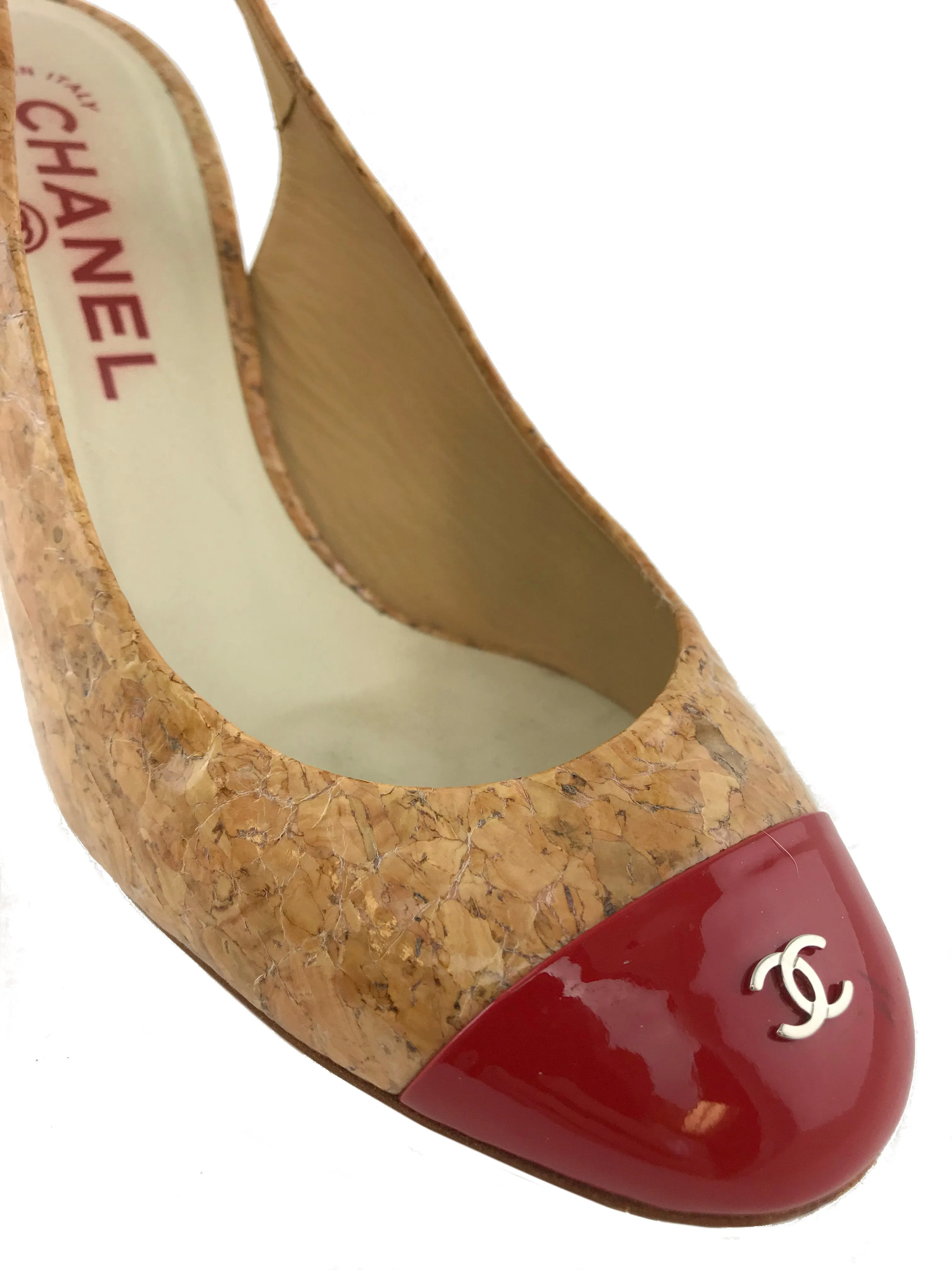 Chanel Glazed Cork CC Cap Toe Slingback Pump Size 6.5