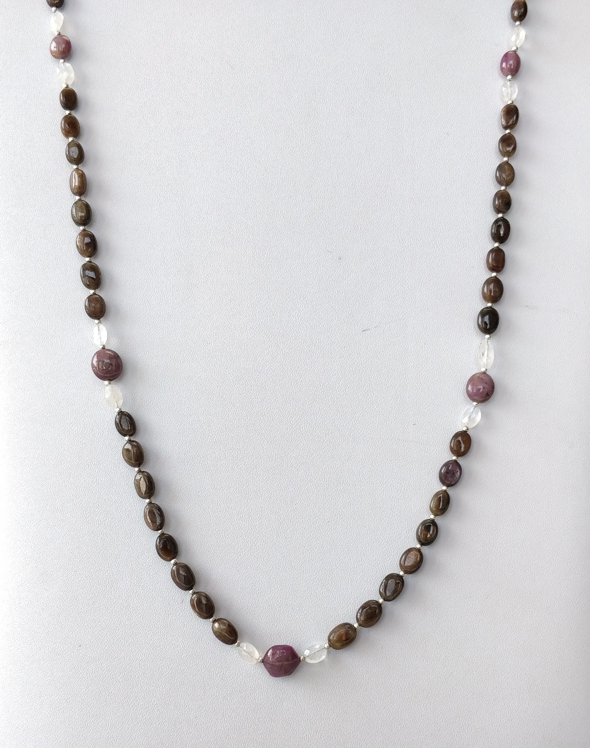 Chocolate Sapphire Moonstone & Star Ruby Gemstone Necklace : 122.00cts Natural Untreated Oval With 925 Sterling Silver 6*4mm - 9*8mm 27"