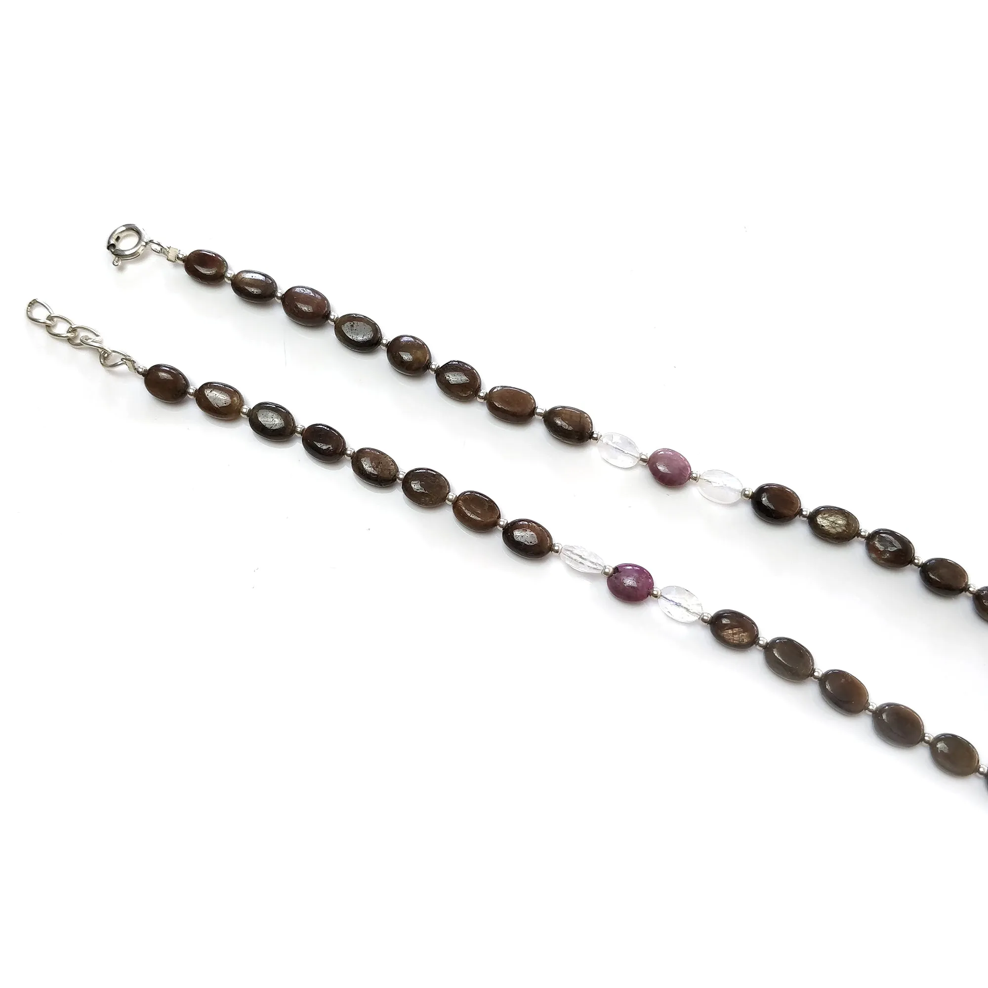 Chocolate Sapphire Moonstone & Star Ruby Gemstone Necklace : 122.00cts Natural Untreated Oval With 925 Sterling Silver 6*4mm - 9*8mm 27"