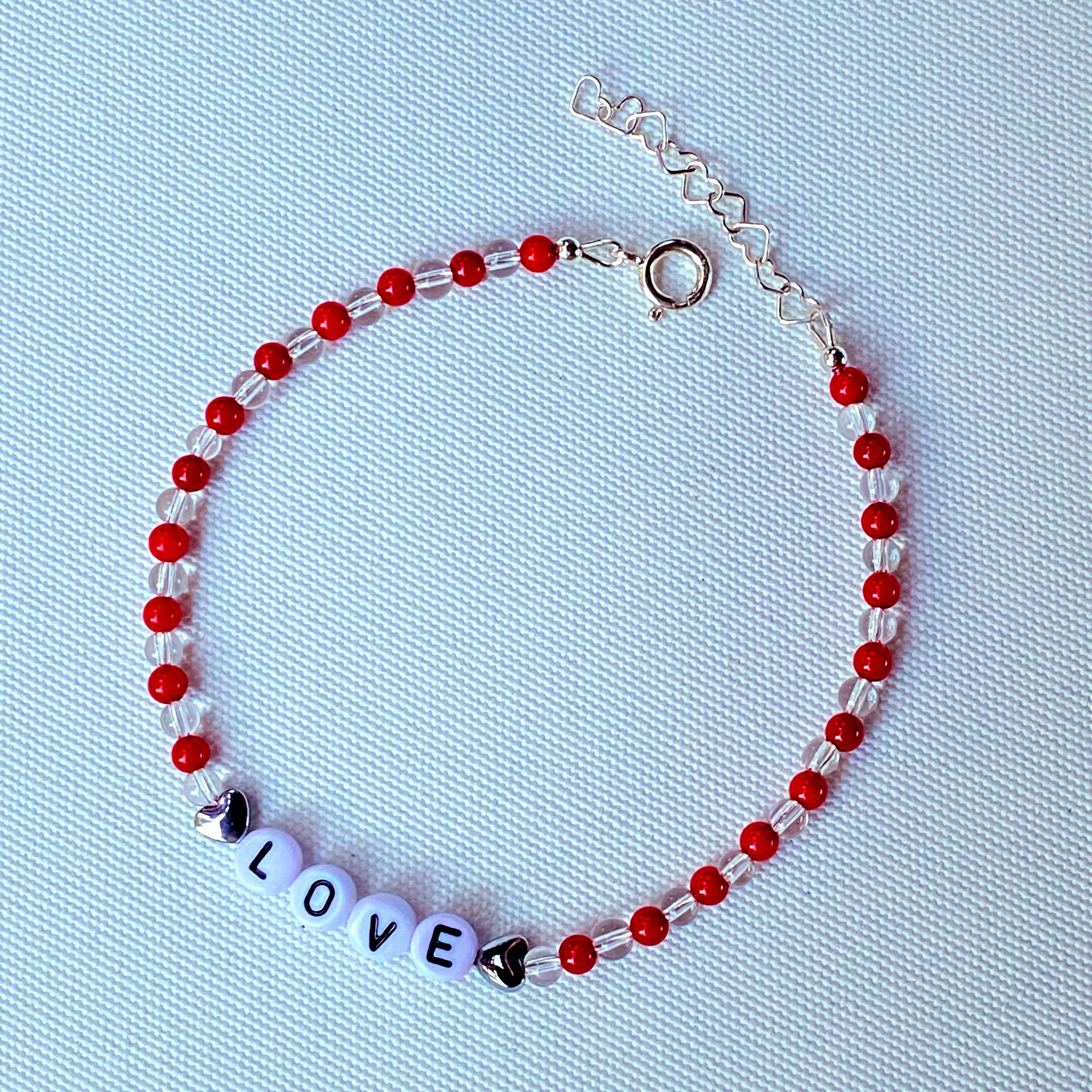 Coral, clear quartz gemstone, hematite Heart “LOVE” anklet