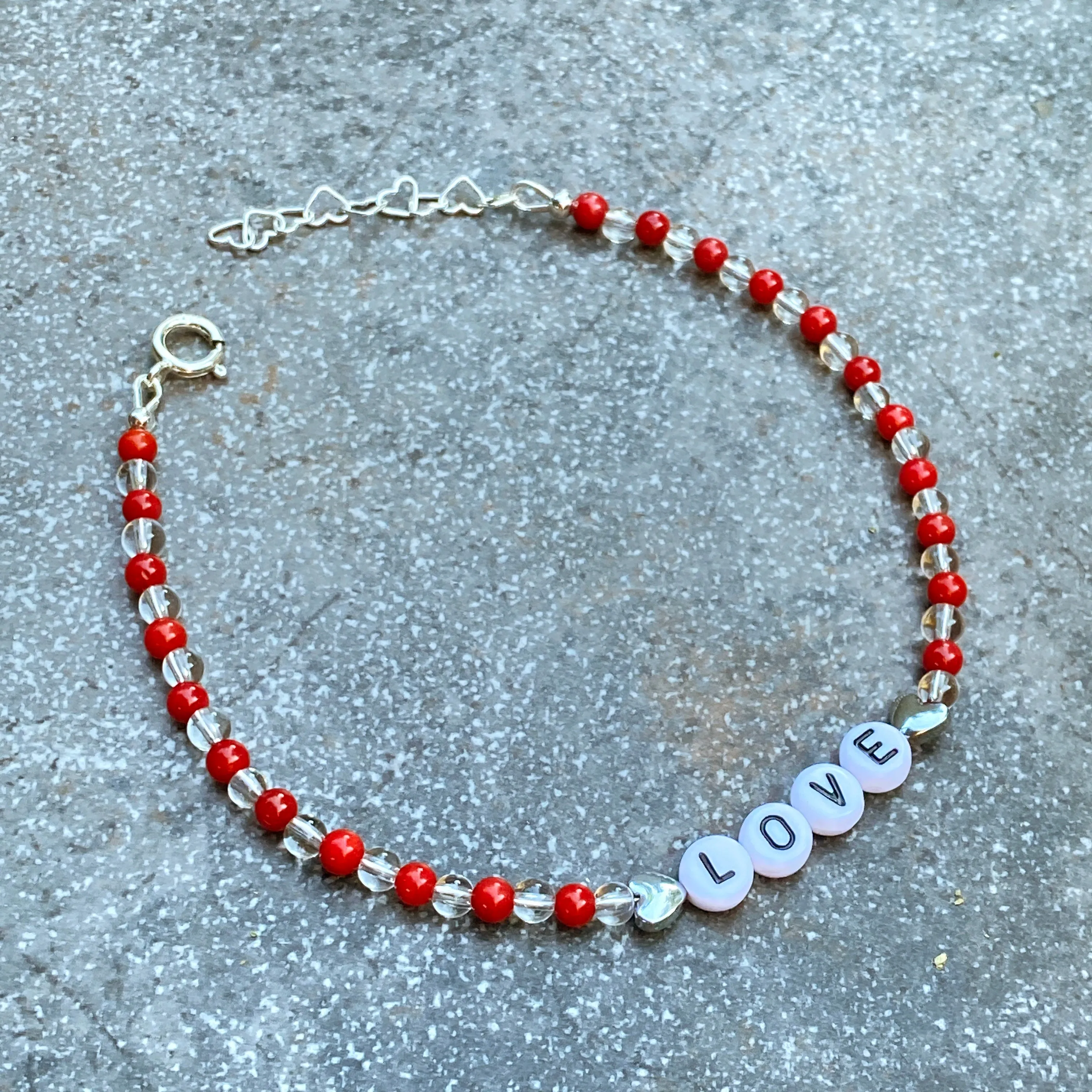 Coral, clear quartz gemstone, hematite Heart “LOVE” anklet