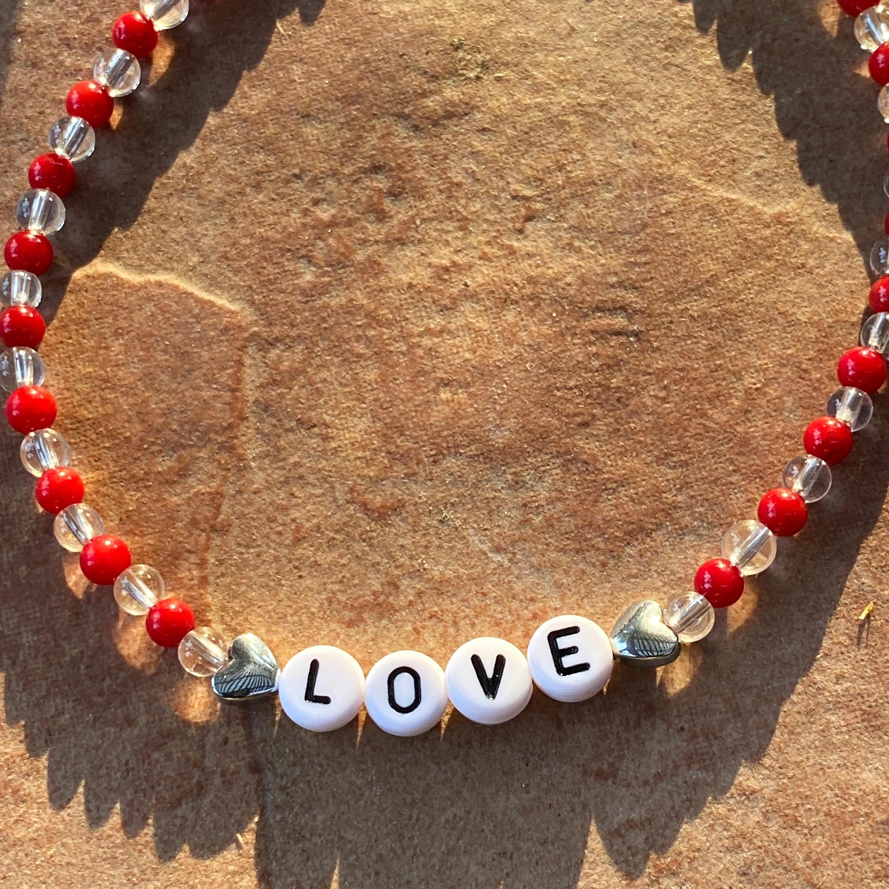 Coral, clear quartz gemstone, hematite Heart “LOVE” anklet