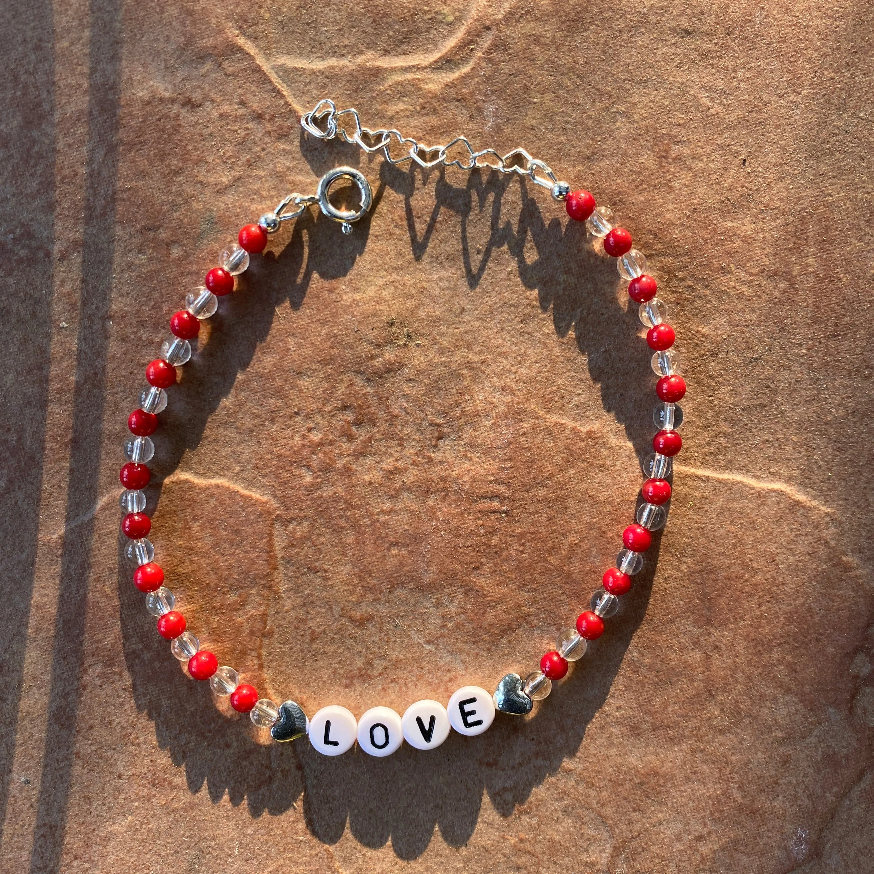 Coral, clear quartz gemstone, hematite Heart “LOVE” anklet