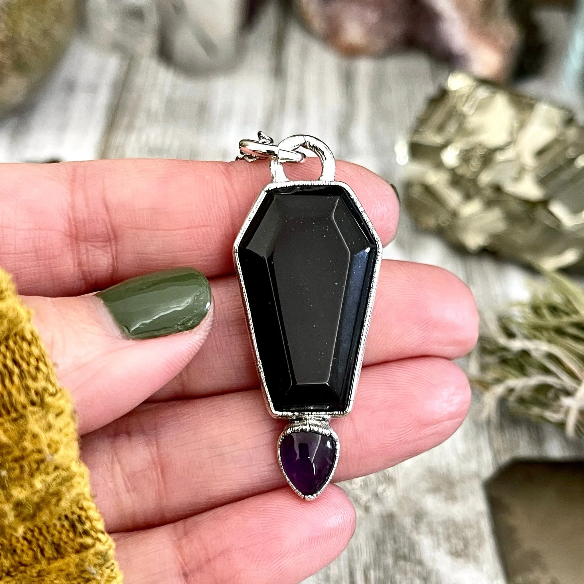 Crystal Coffin Black Onyx and Amethyst Necklace  / Gothic Jewelry