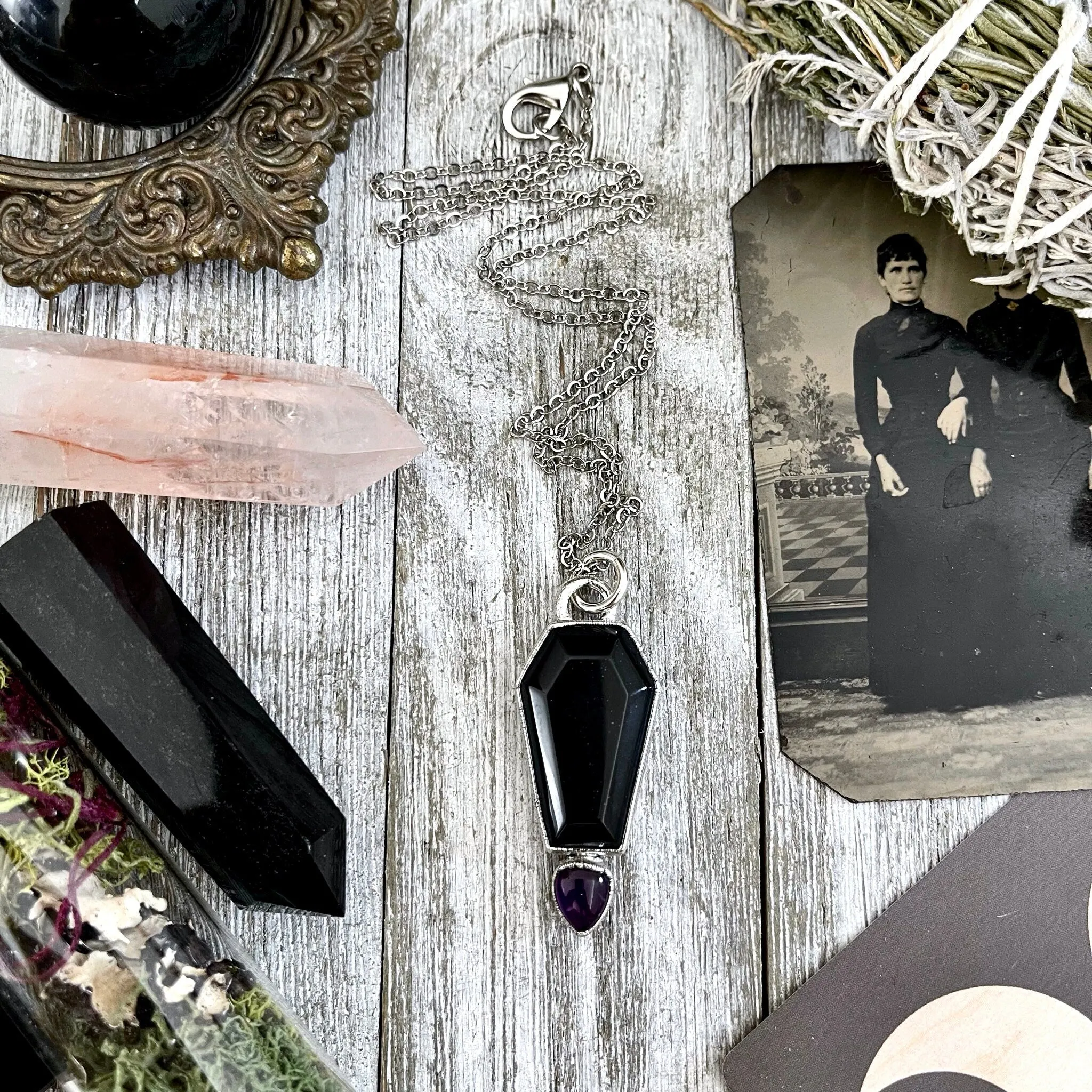 Crystal Coffin Black Onyx and Amethyst Necklace  / Gothic Jewelry