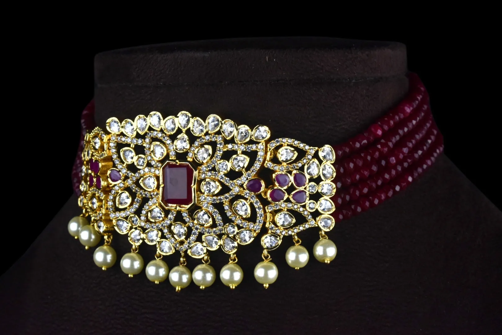 Cz Pendant & Ruby Beads Choker Set By Asp Fashion Jewellery