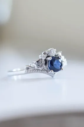 Elegant Dark Blue Sapphire Engagement Ring with Alternative Gold Proposal Band - Ariadne