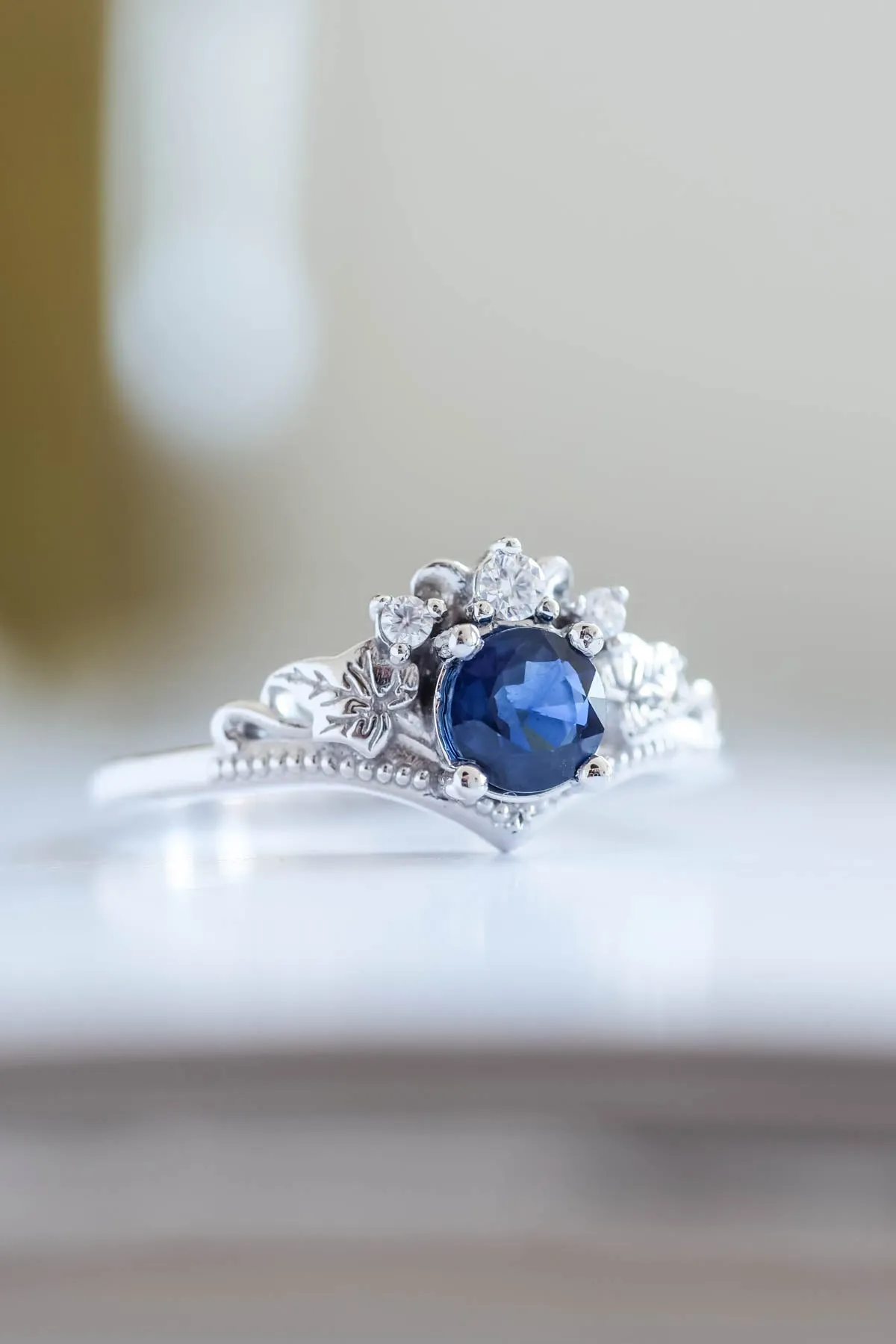 Elegant Dark Blue Sapphire Engagement Ring with Alternative Gold Proposal Band - Ariadne