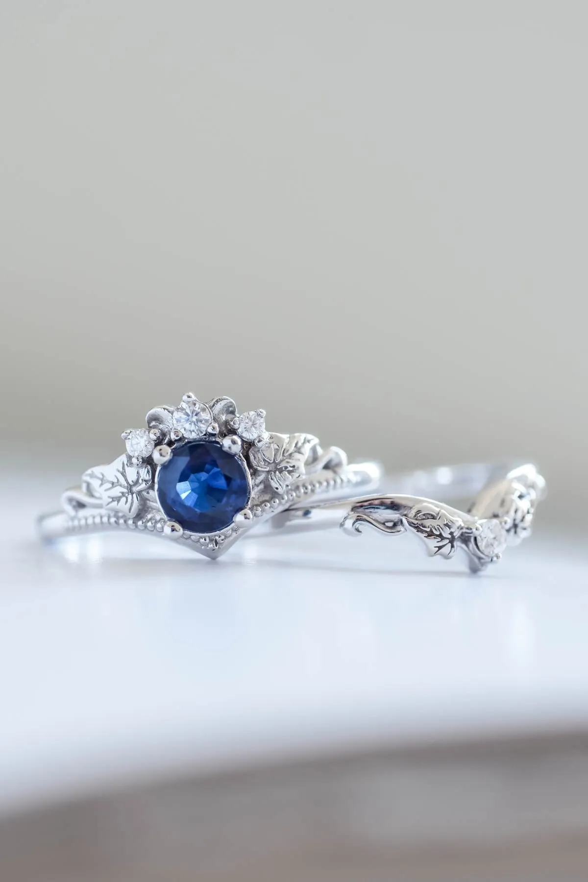 Elegant Dark Blue Sapphire Engagement Ring with Alternative Gold Proposal Band - Ariadne