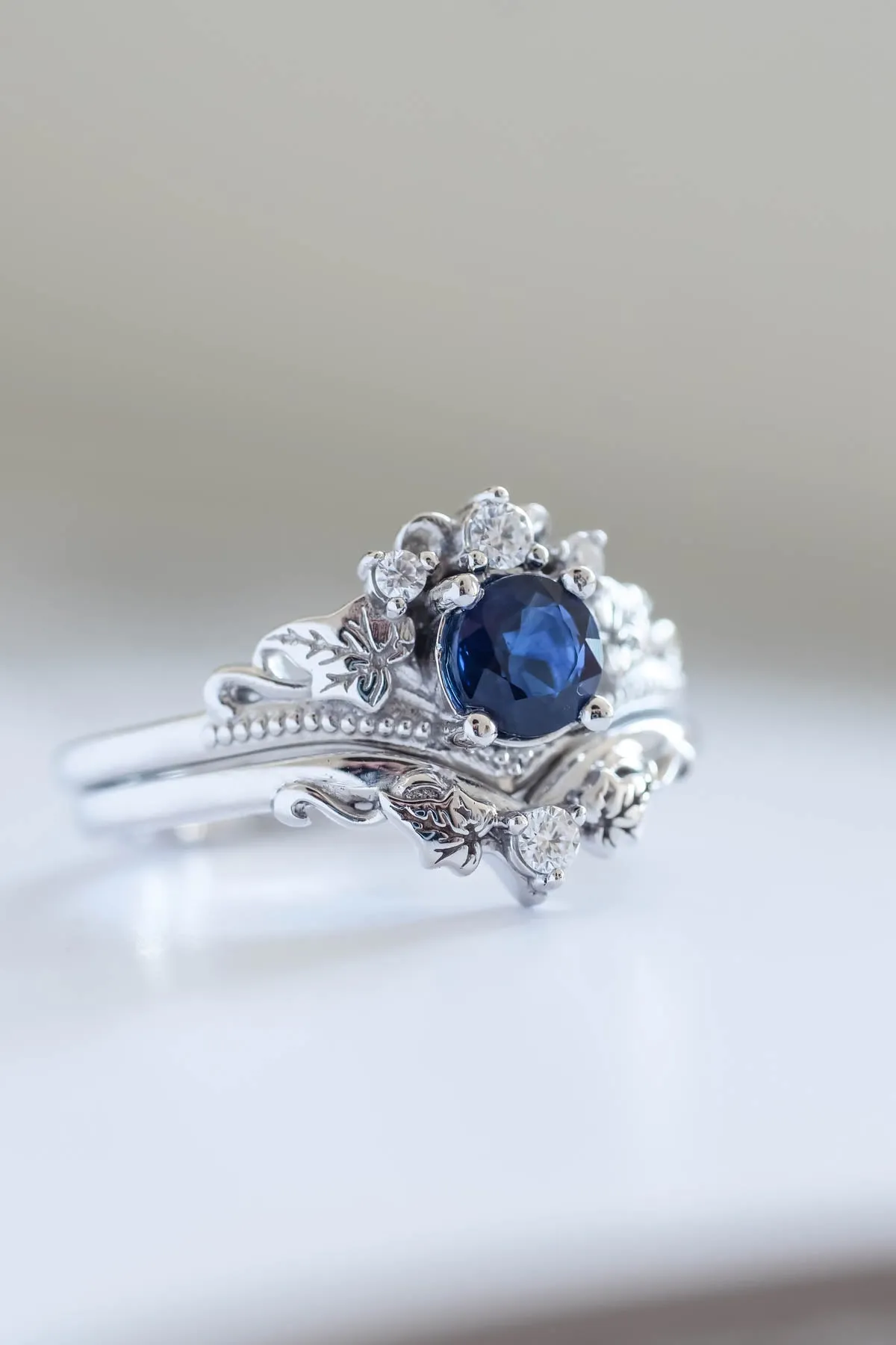 Elegant Dark Blue Sapphire Engagement Ring with Alternative Gold Proposal Band - Ariadne