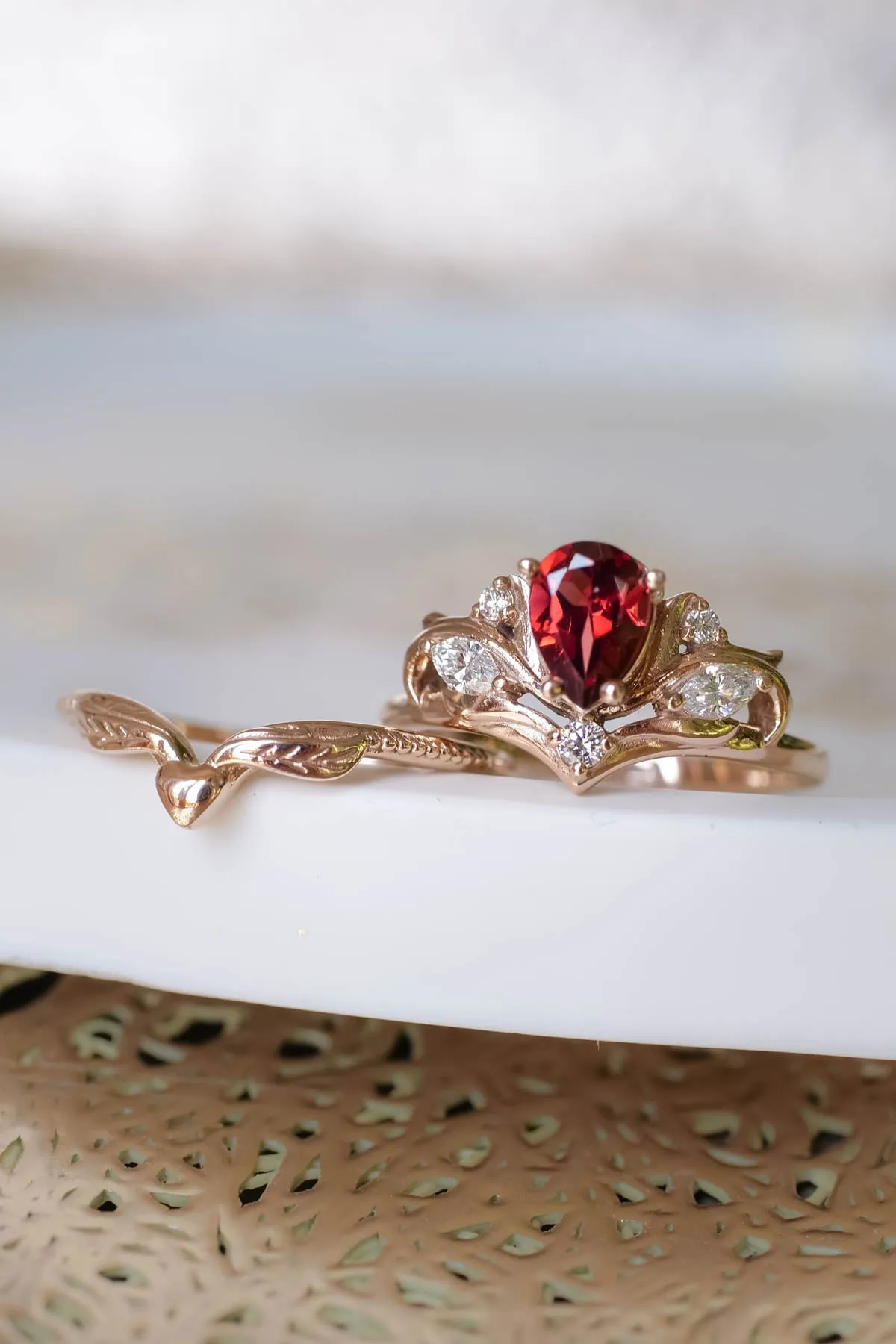 Diamond and garnet engagement ring, elvish proposal ring / Swanlake