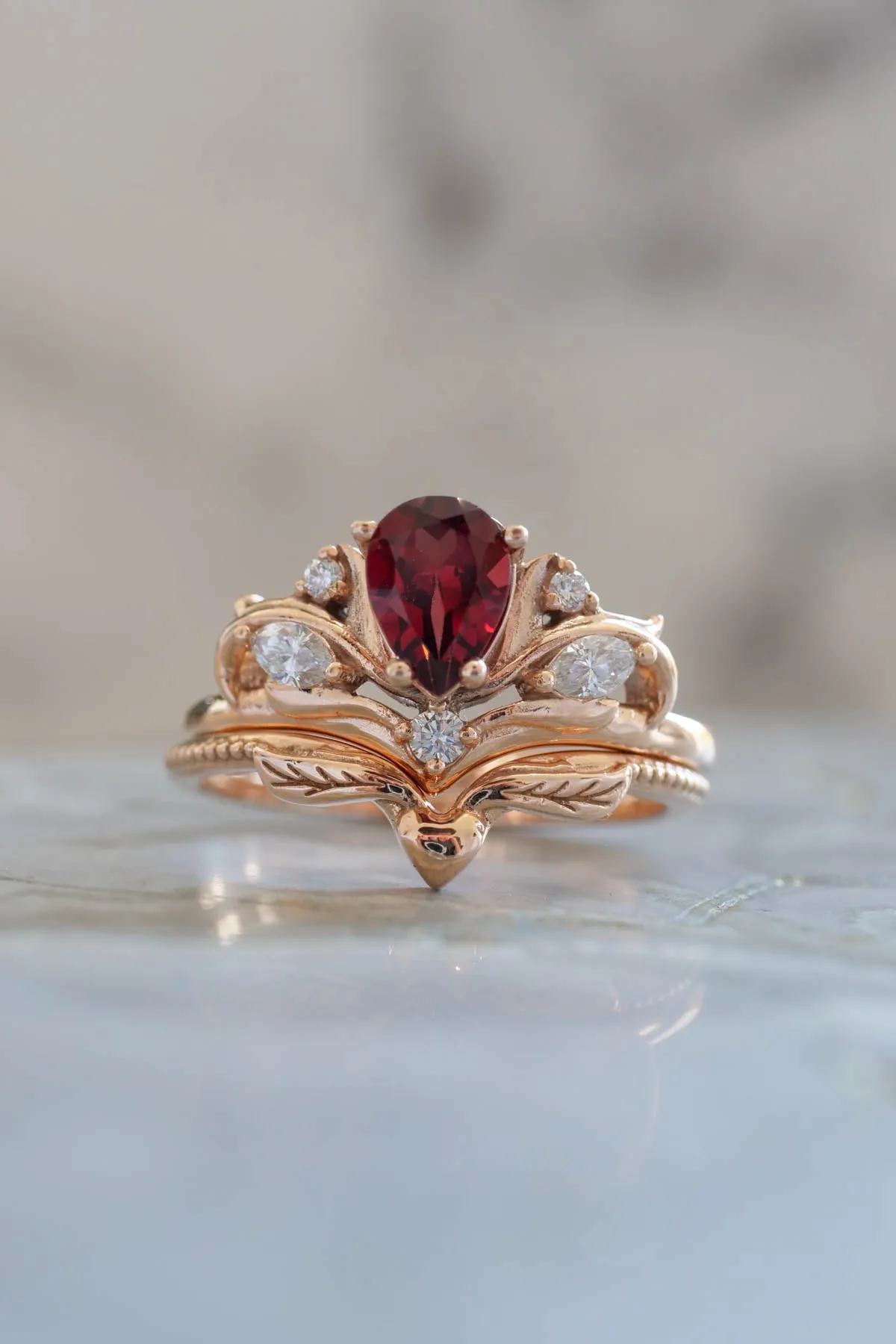 Diamond and garnet engagement ring, elvish proposal ring / Swanlake