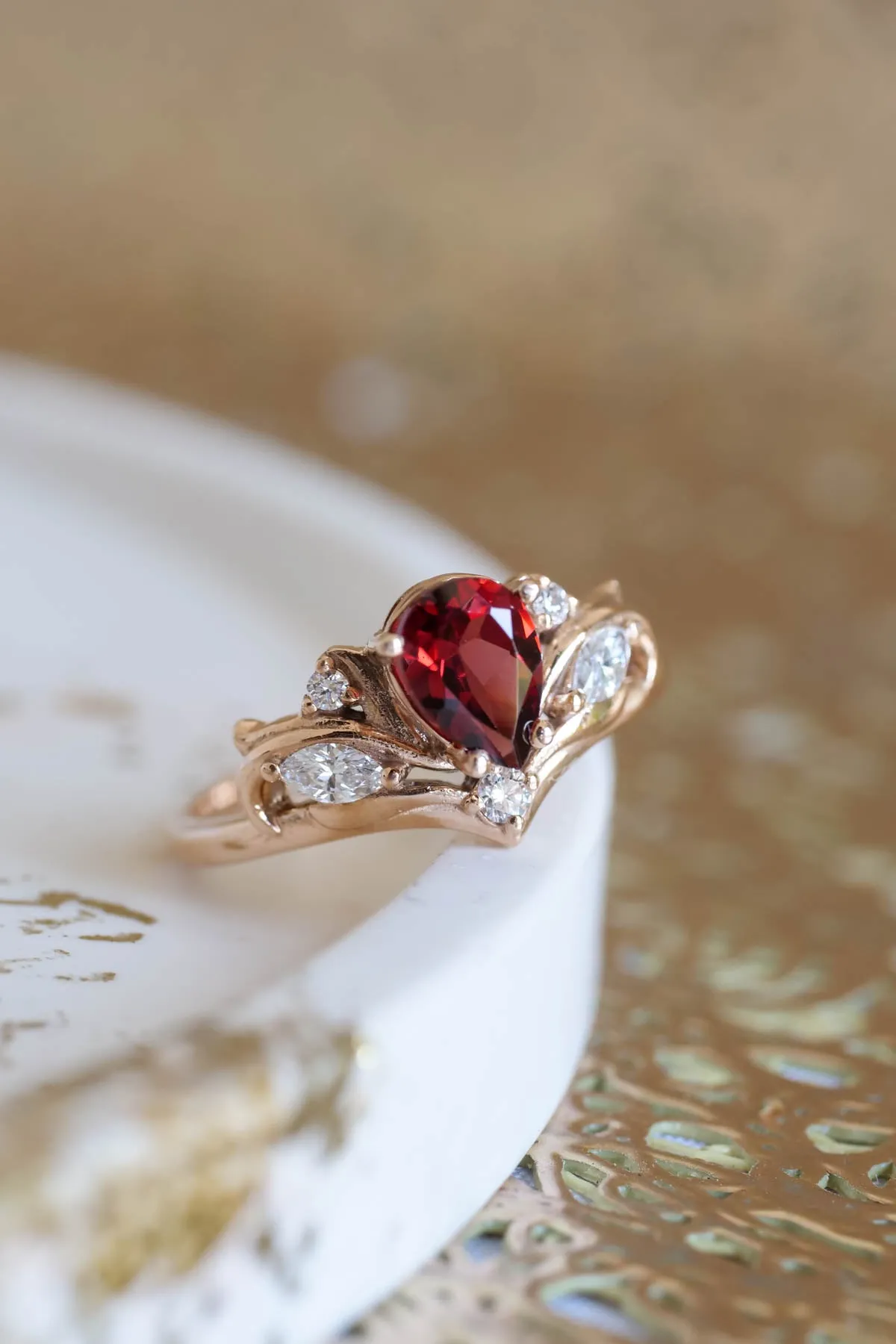 Diamond and garnet engagement ring, elvish proposal ring / Swanlake