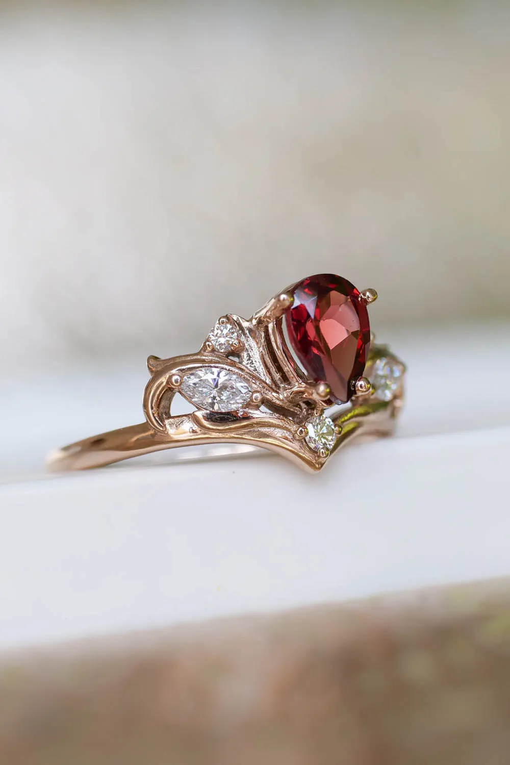 Diamond and garnet engagement ring, elvish proposal ring / Swanlake